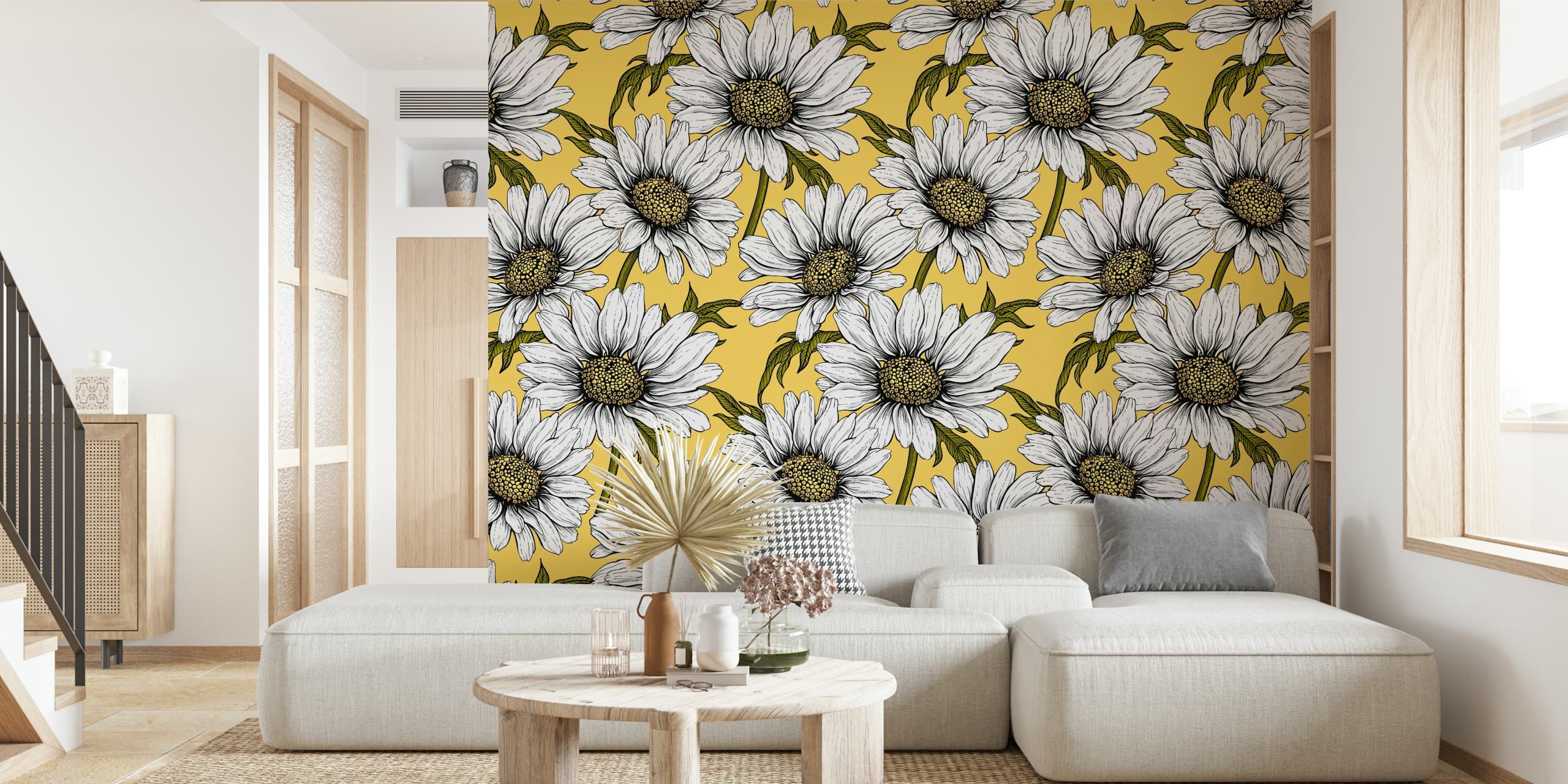 Fotomural vinílico de margaridas em amarelo com flores brancas em um fundo amarelo brilhante