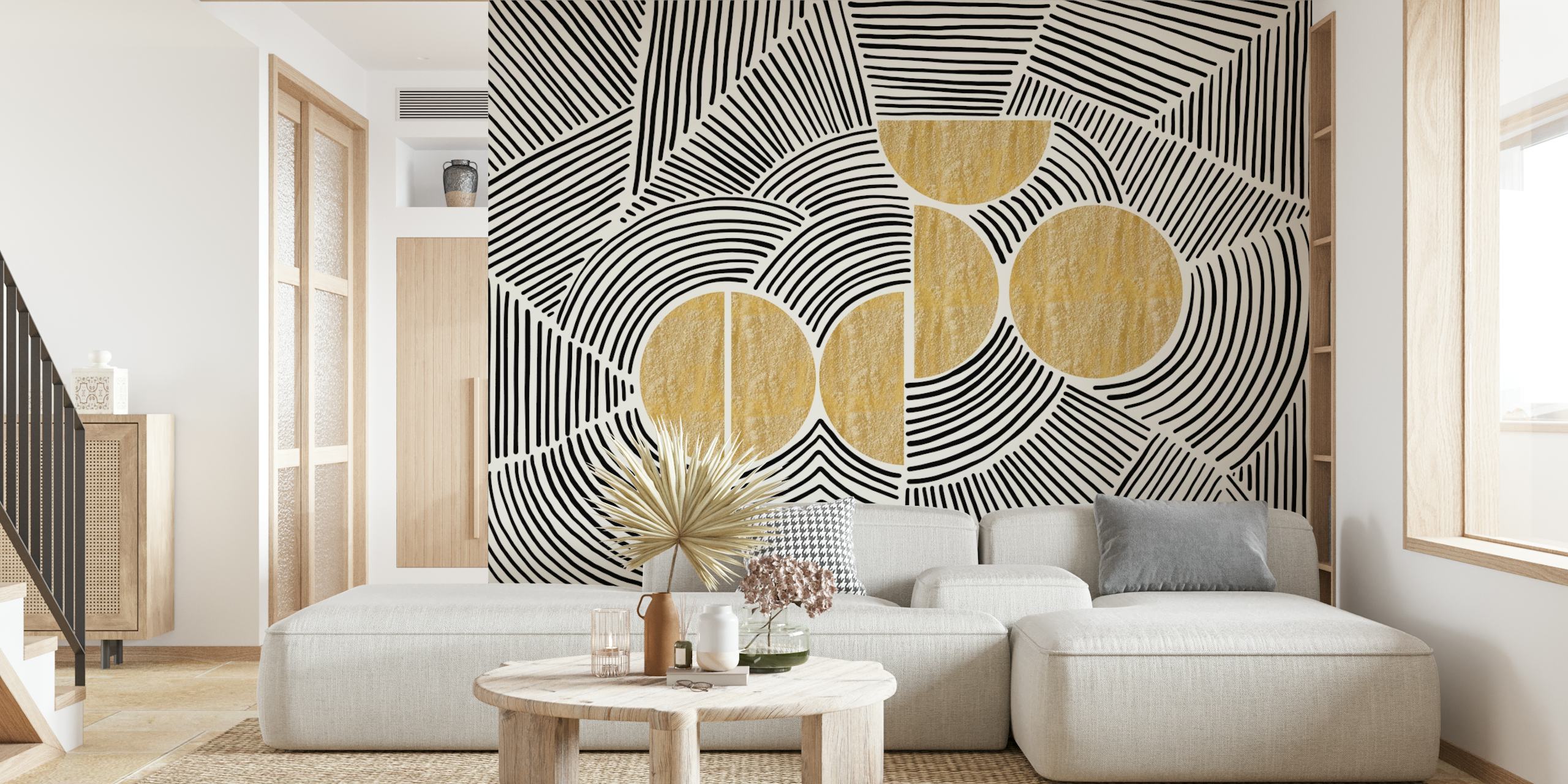 Geometric black and gold patterns with lines and circles wallpaper
