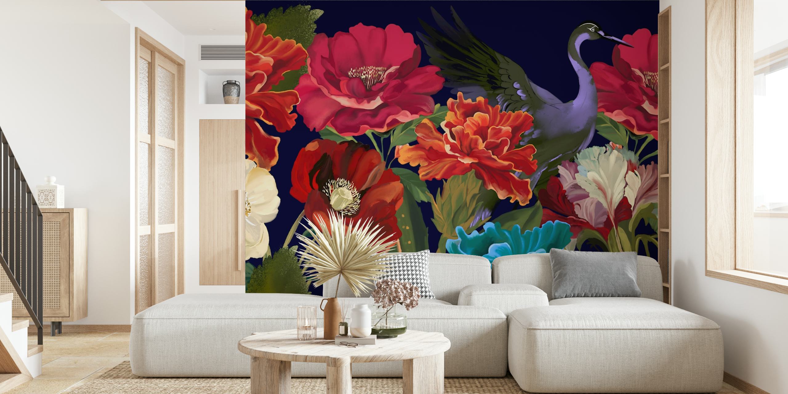Crane amid colorful floral wallpaper design
