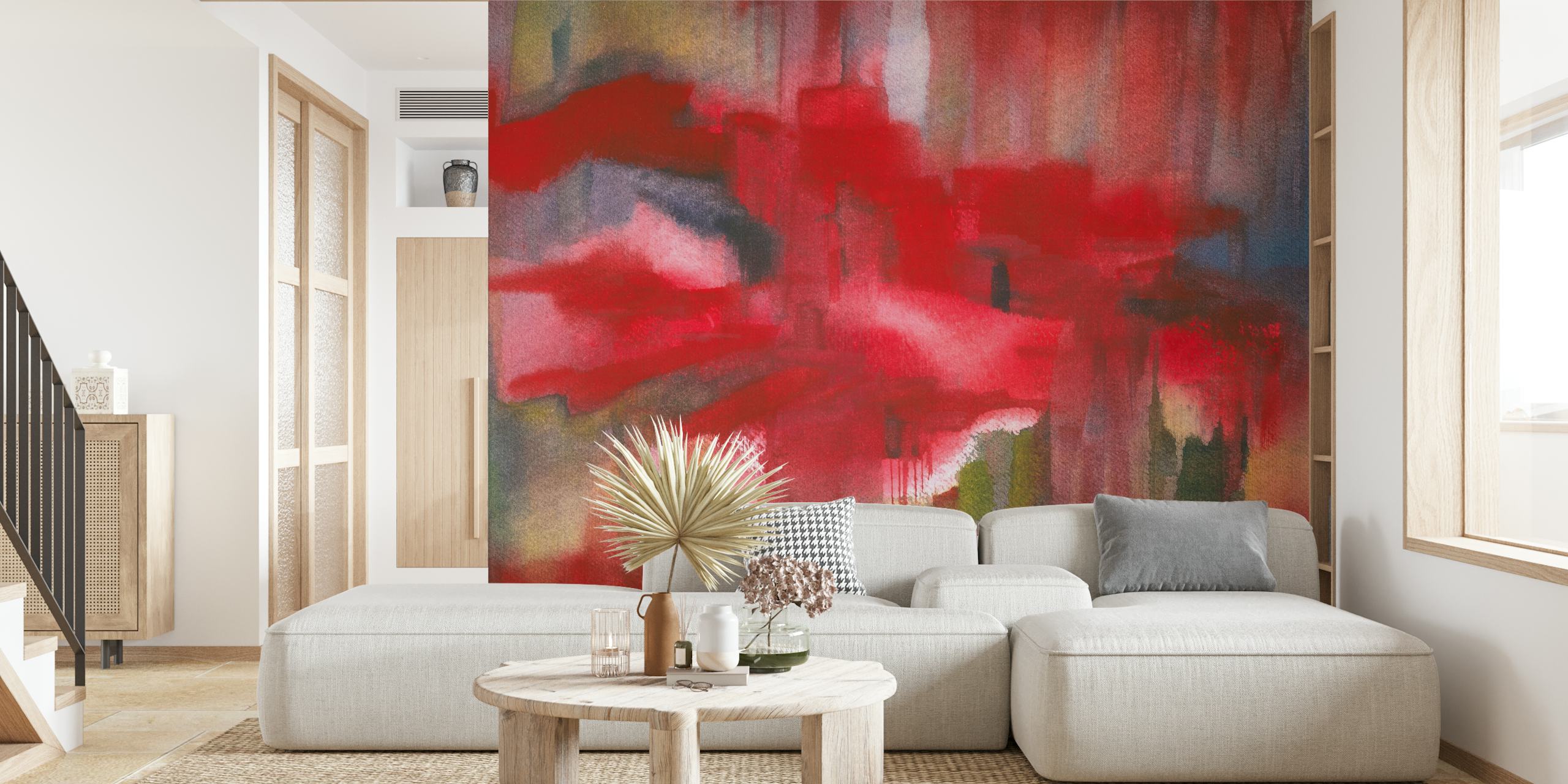 Vibrant Red Dreamscape-behang in een kamer