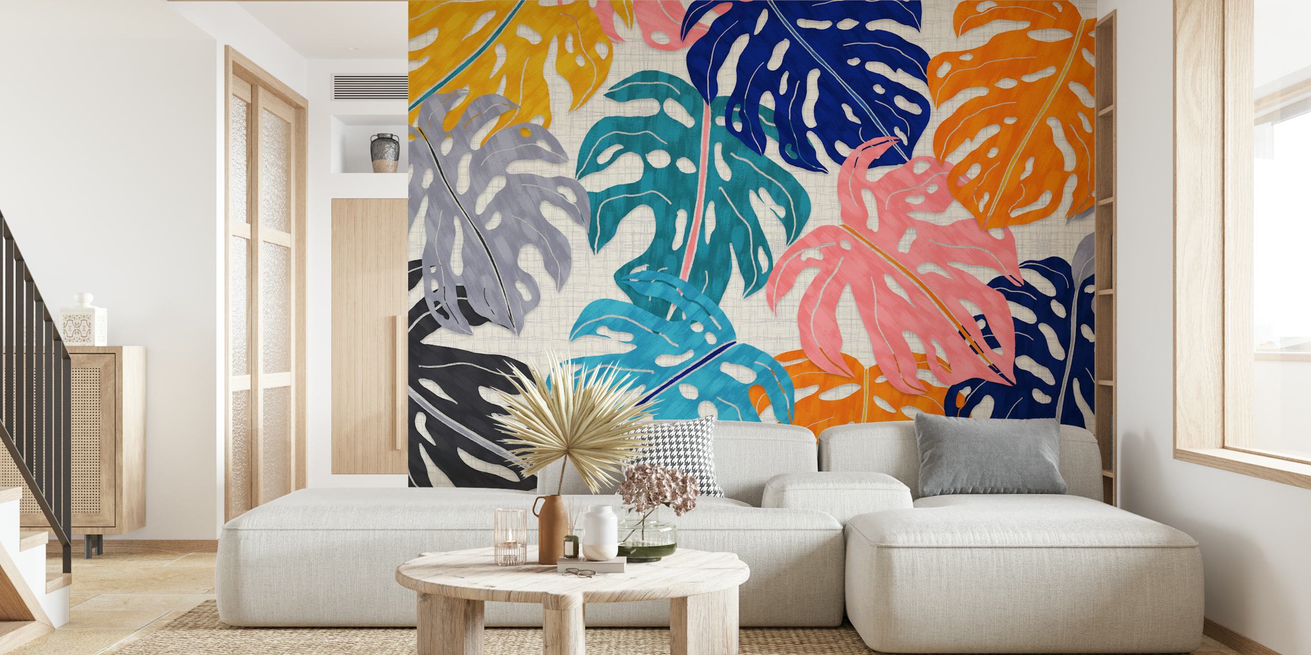 Colorful Monstera leaves in orange, pink, blue, and gray on a textured white background wallpaper