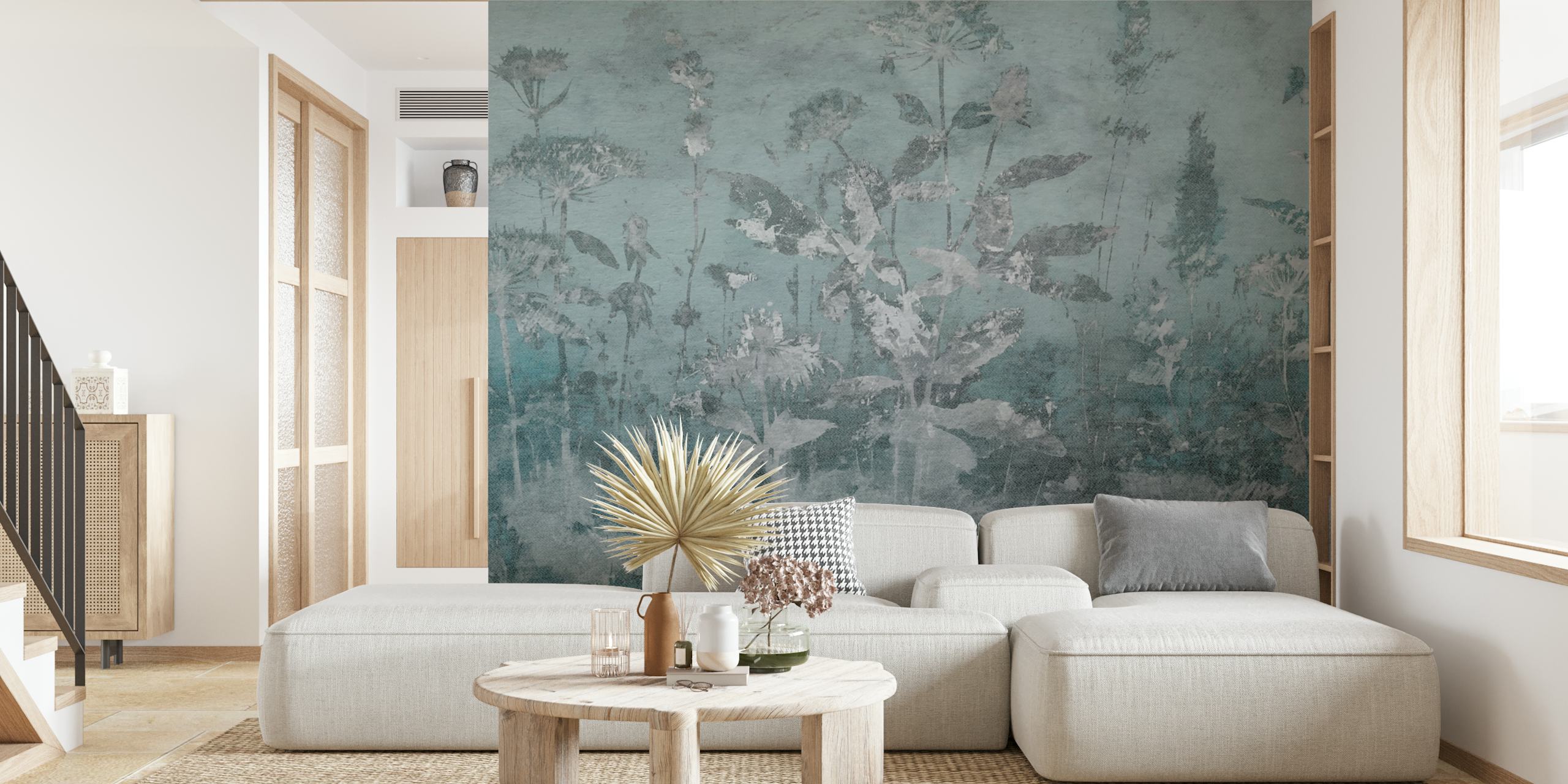 Aqua floral botanical wallpaper with an antique effect