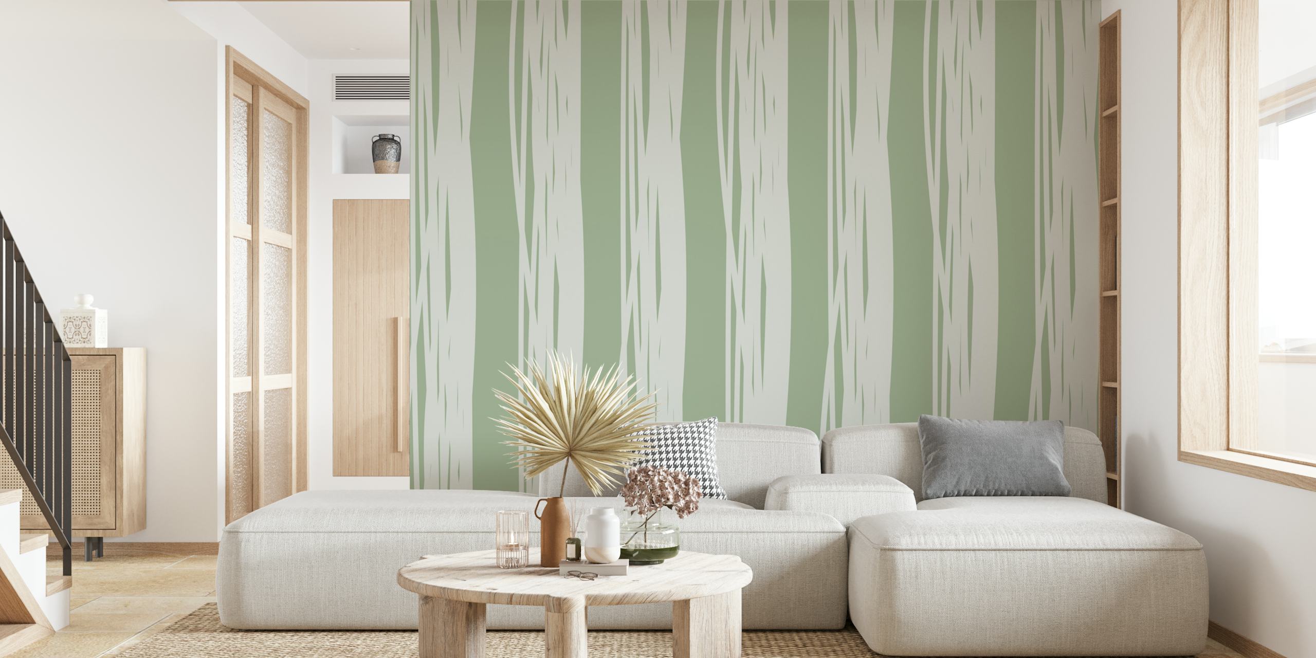 Sage green irregular stripes wallpaper in a room