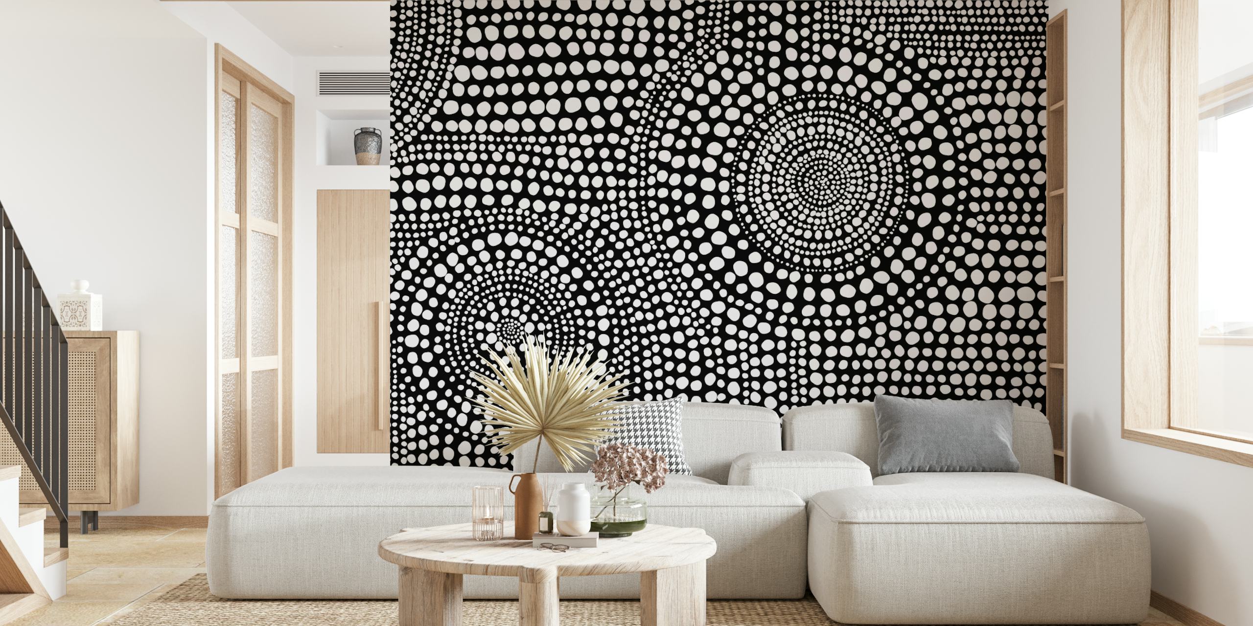 Black and white dotted pattern wallpaper featuring circular and abstract designs