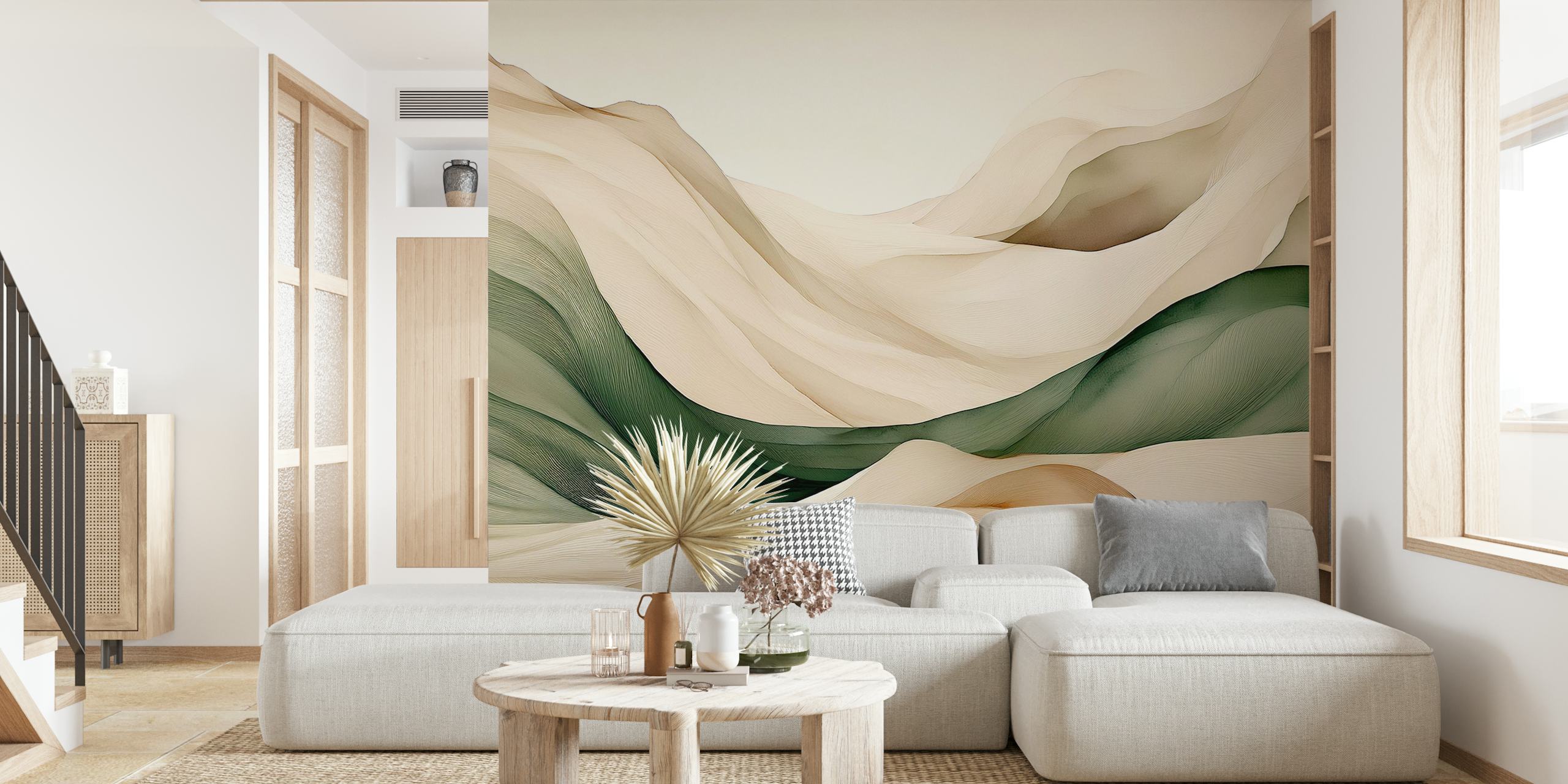 Abstract flowing waves in green, beige, and cream wallpaper