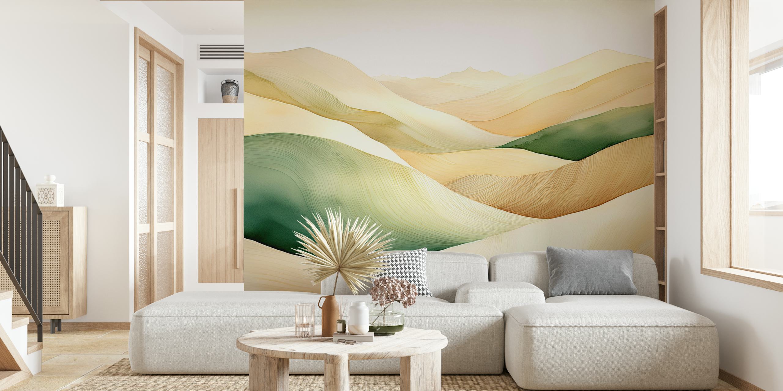 Abstract rolling hills in soft green, beige, and cream tones wallpaper