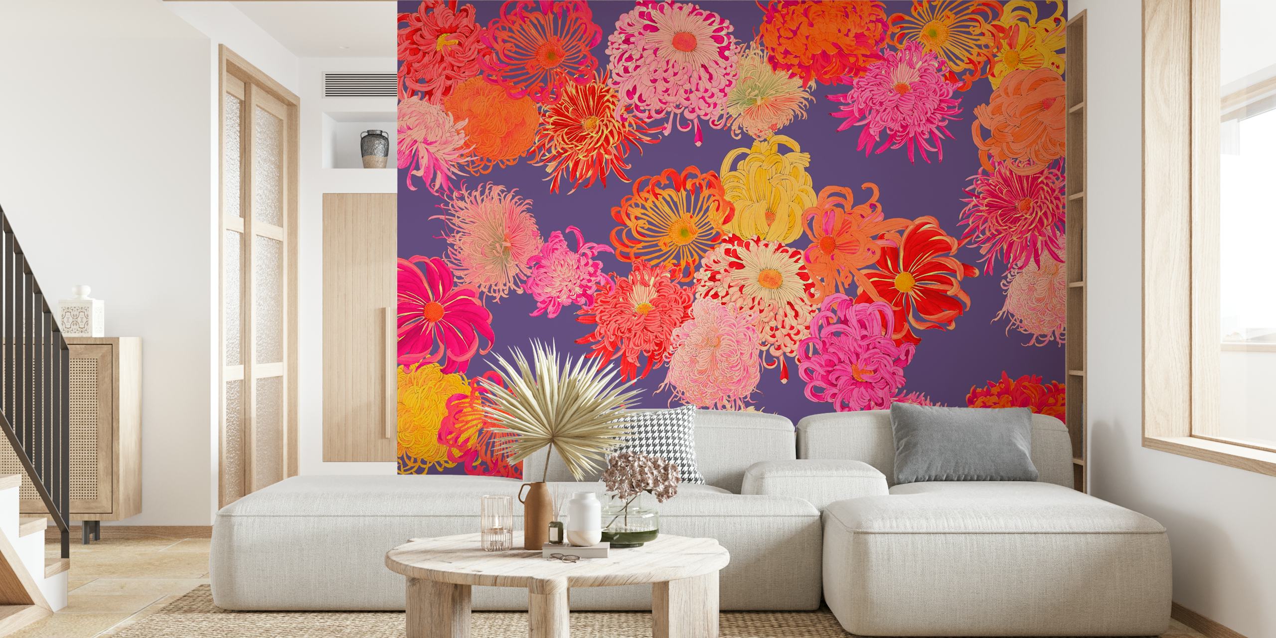 Colorful floral patterns in pink, orange, and purple wallpaper