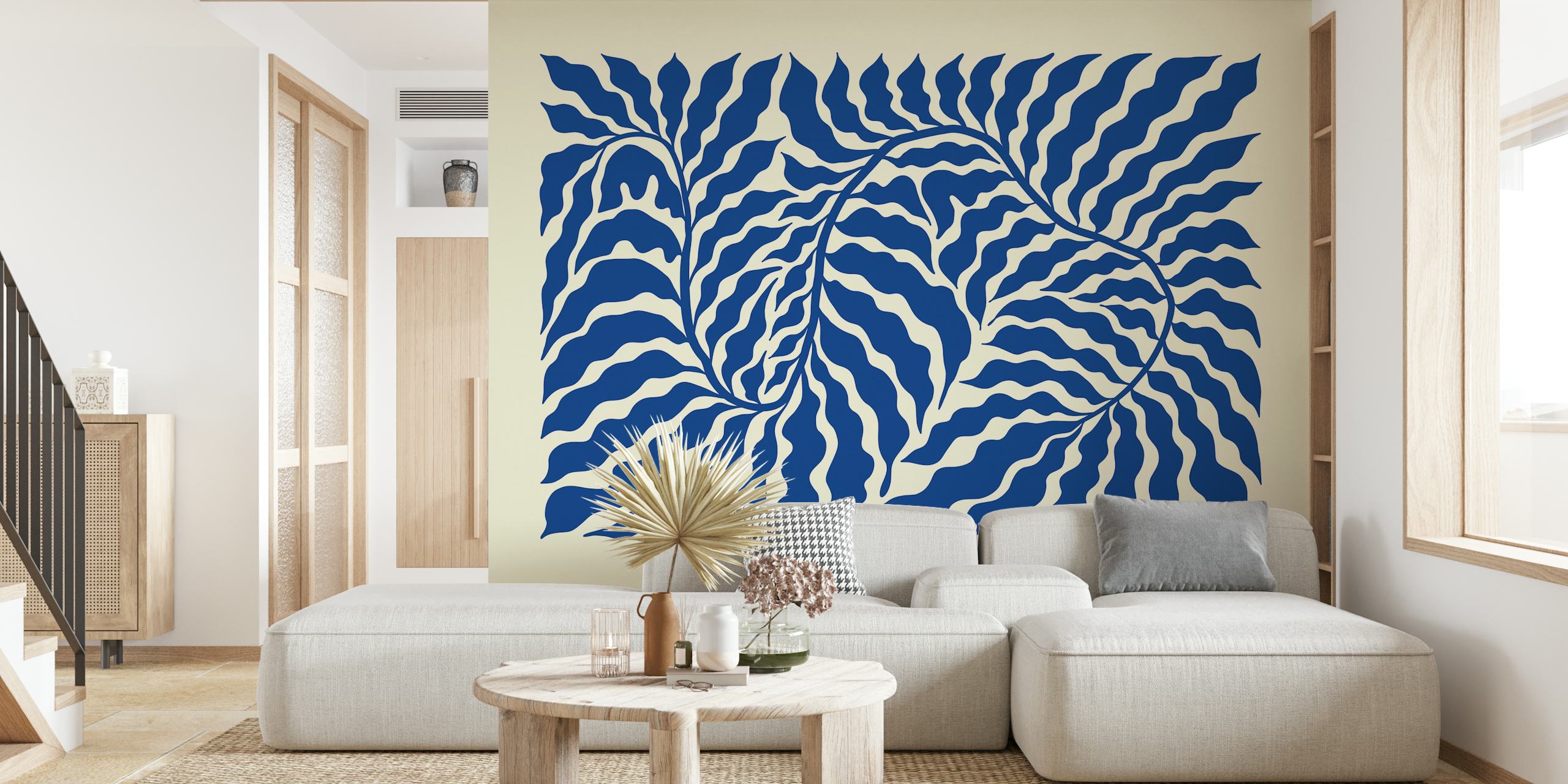 Abstract blue botanical leaves design on beige wallpaper
