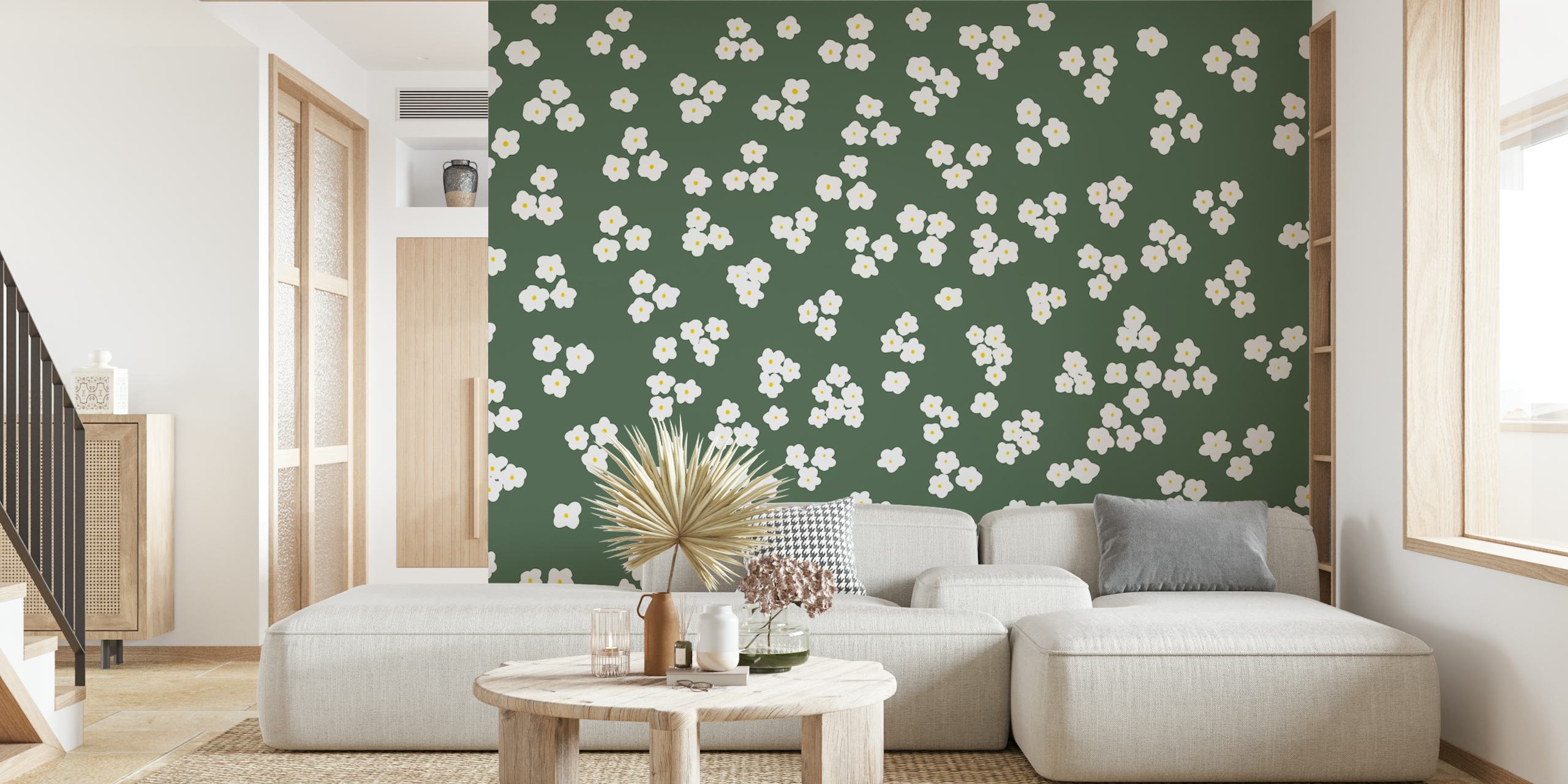 Floral wallpaper featuring white daisies on green