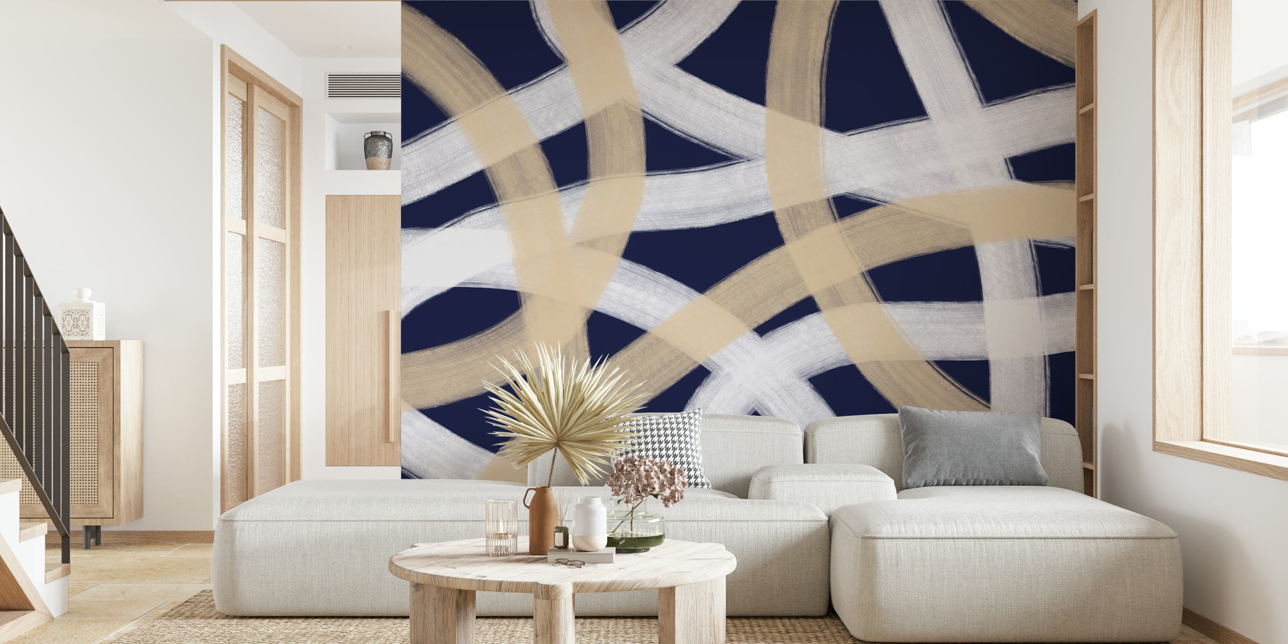 Blue and beige swirling lines on dark background wallpaper