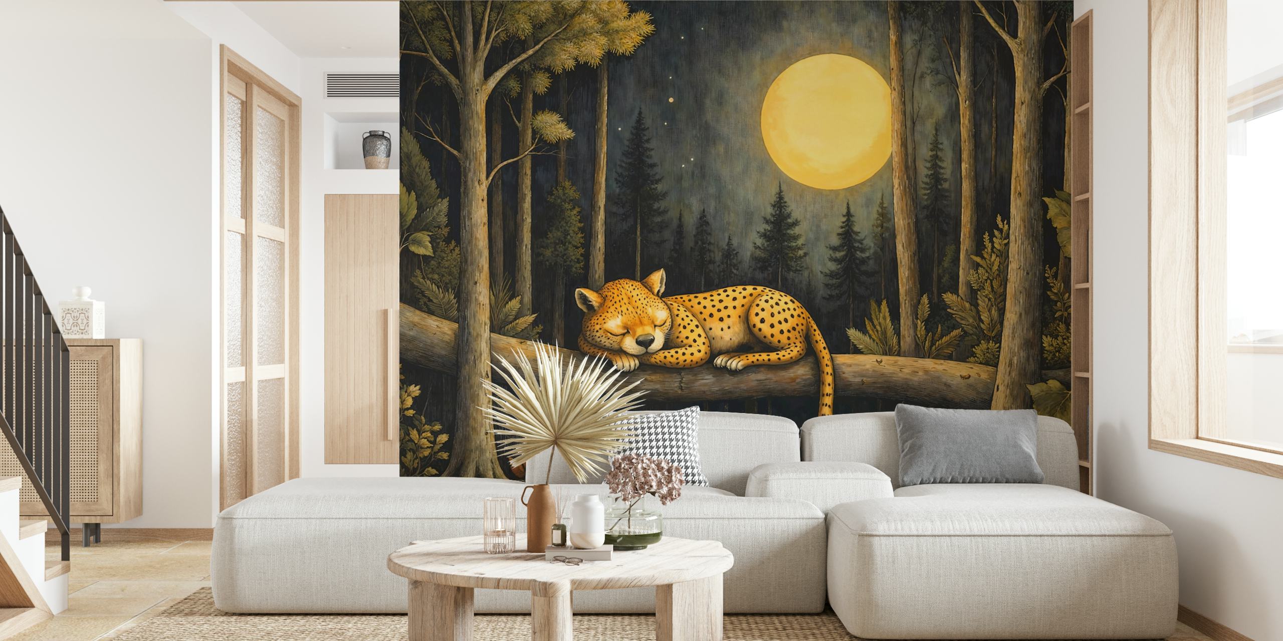 Cheetah sleeping on a branch under a full moon in forest wallpaper