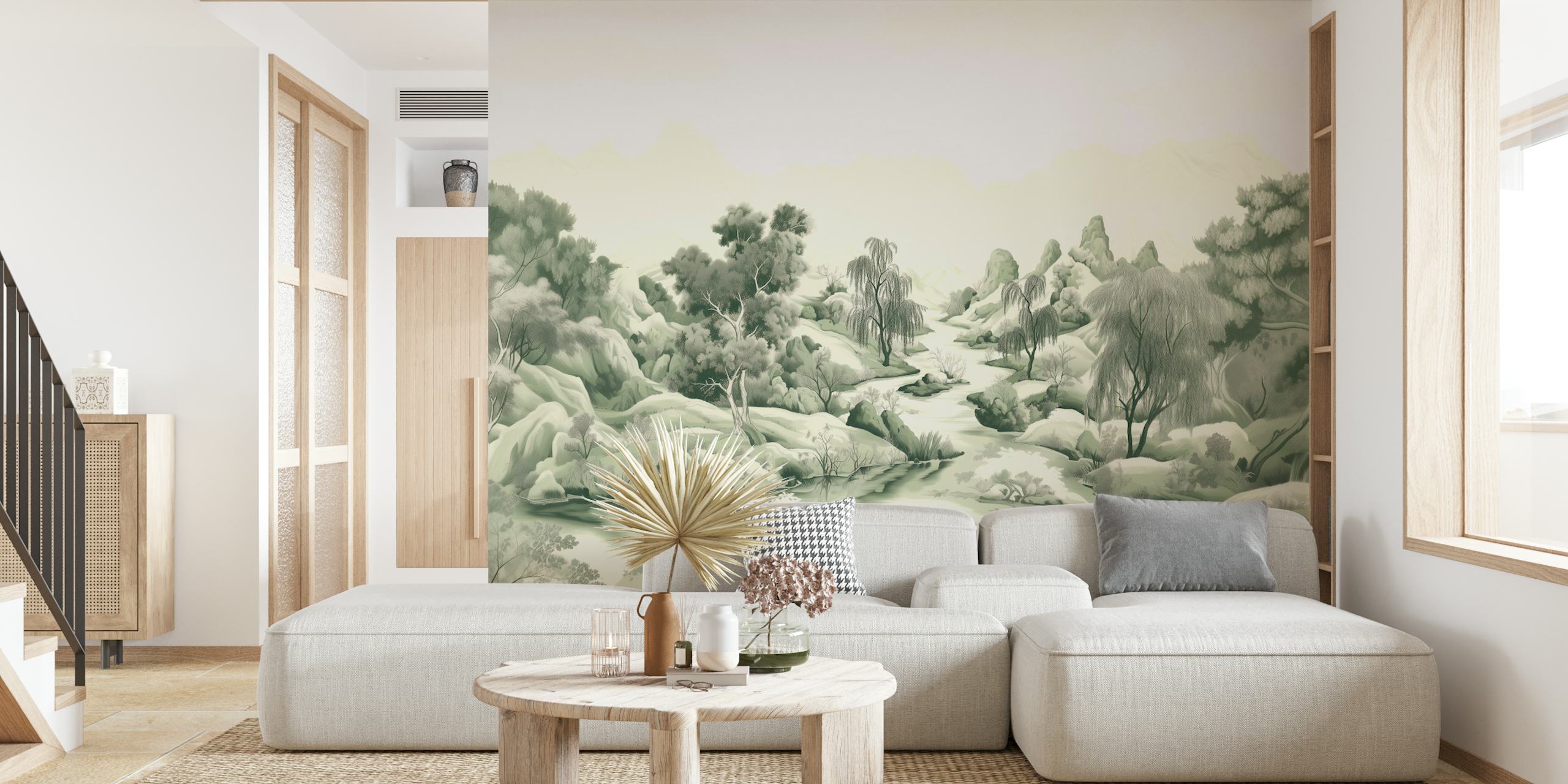 Lush river valley landscape with greenery and mountains wallpaper