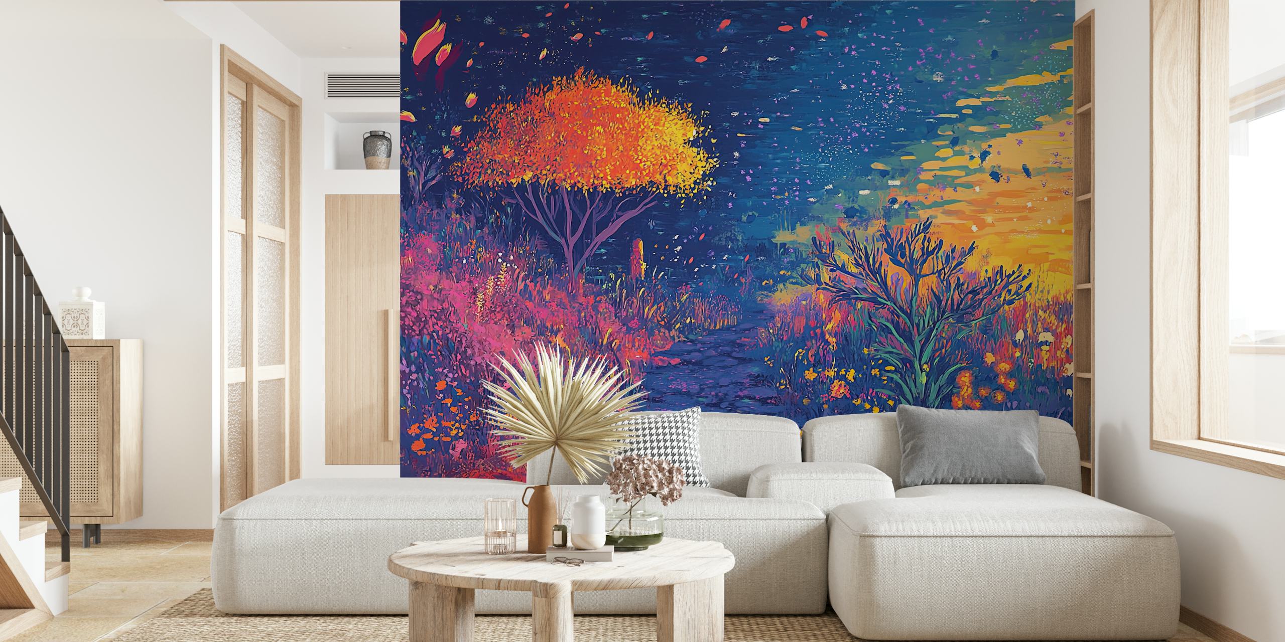 Colorful night floral landscape wallpaper with bright tree and foliage