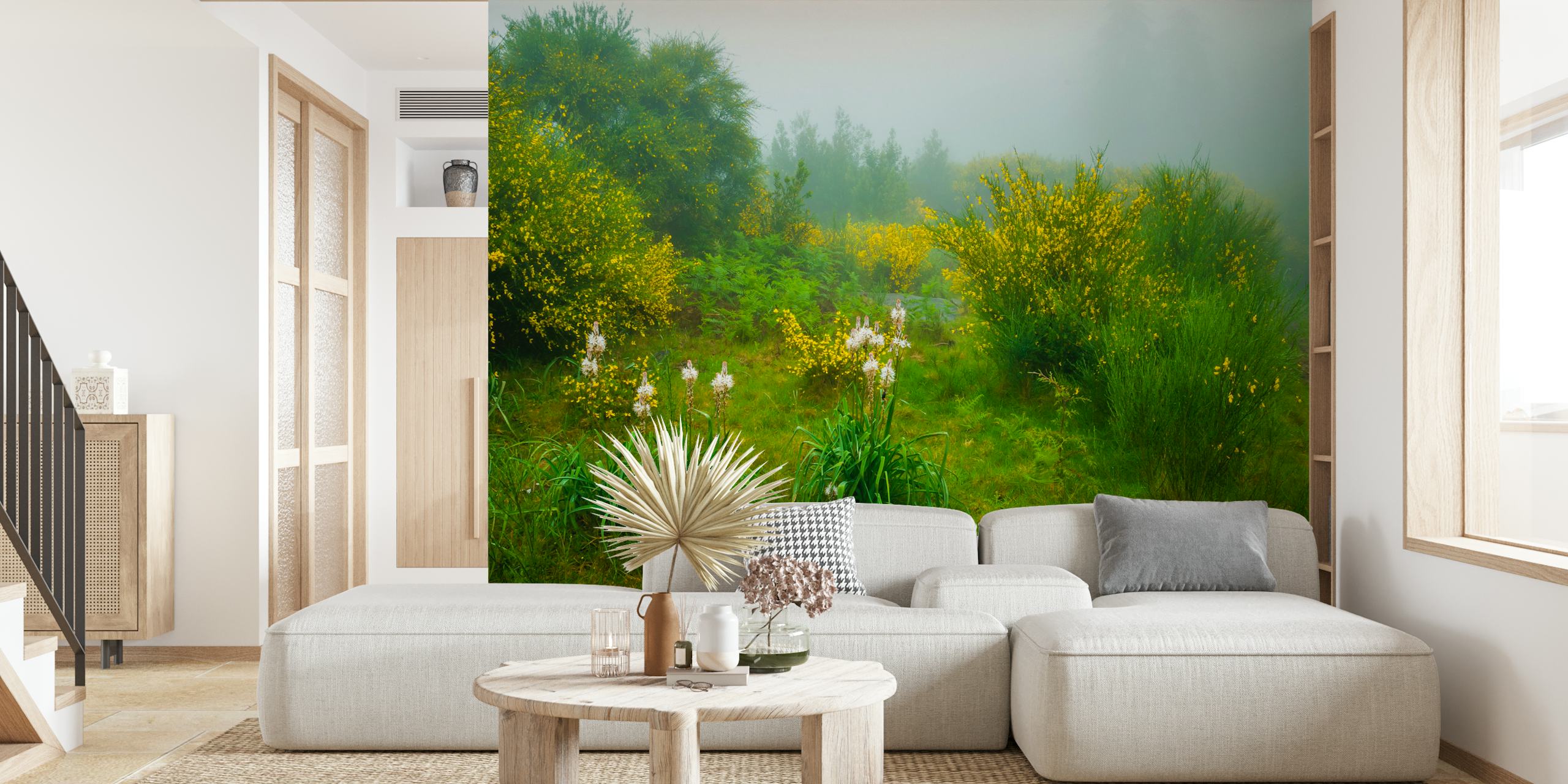 Lush green and yellow flowers with white accents wallpaper