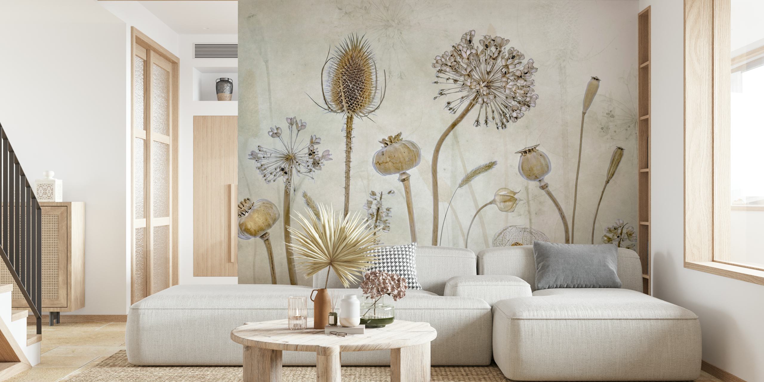 Botanická fototapeta s načrtnutými květinami v neutrálních tónech