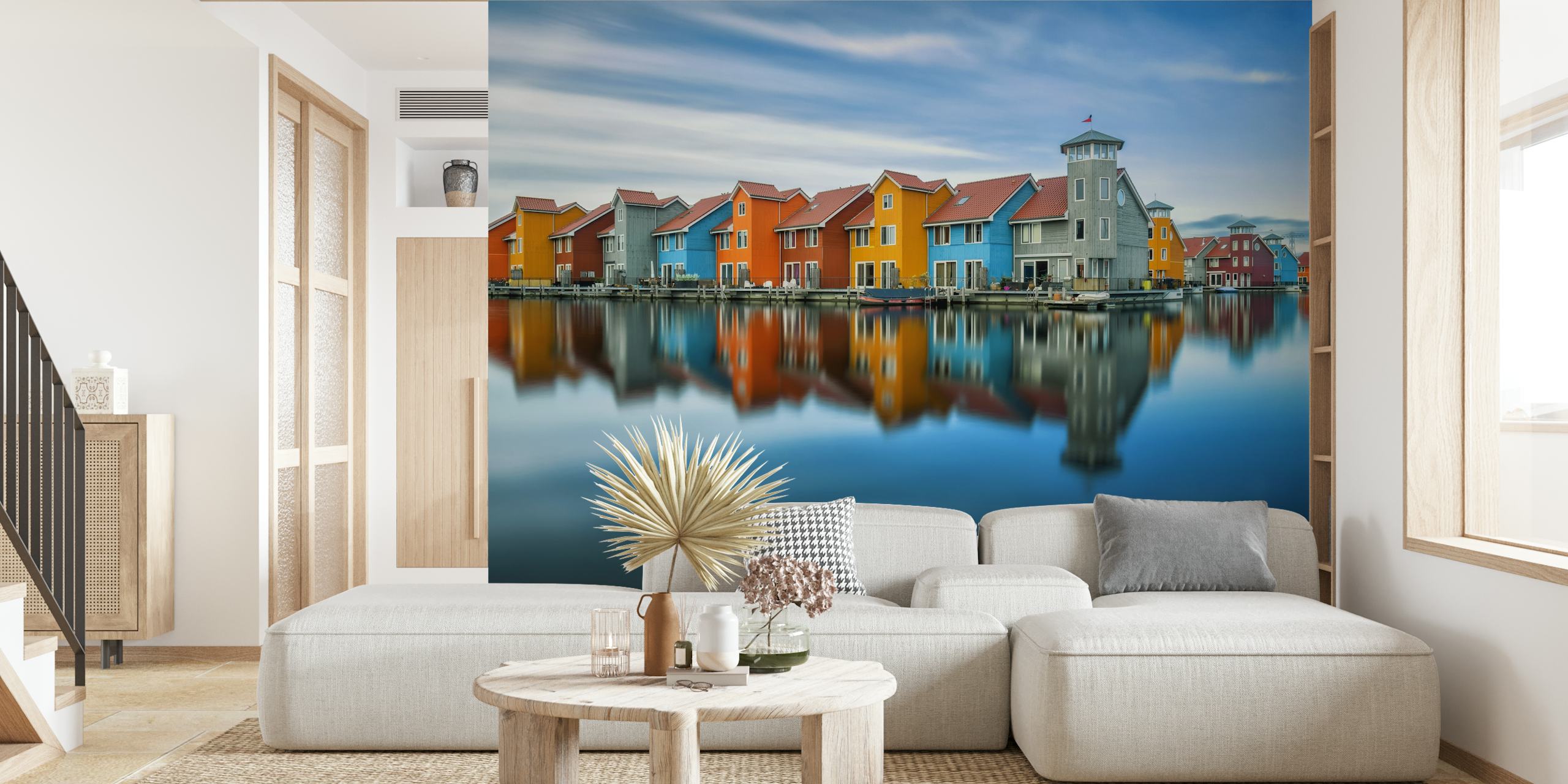 Vibrant waterside homes wallpaper in a room