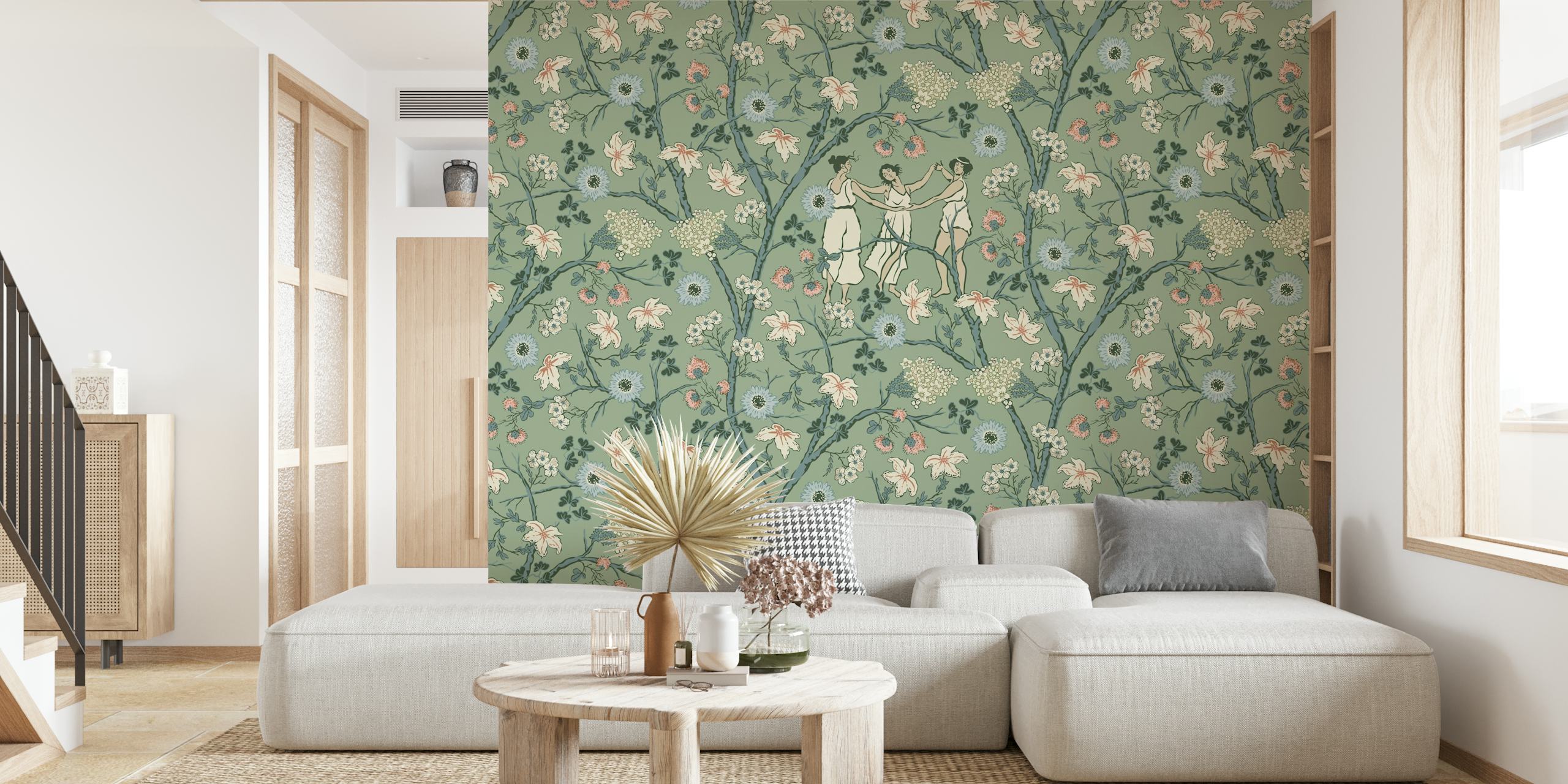 Midsummer dance on green wallpaper in a room