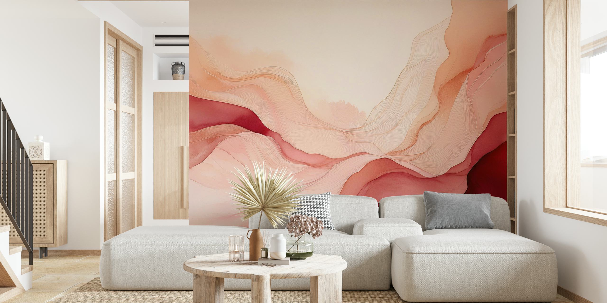 Serene blush waves wallpaper in a room