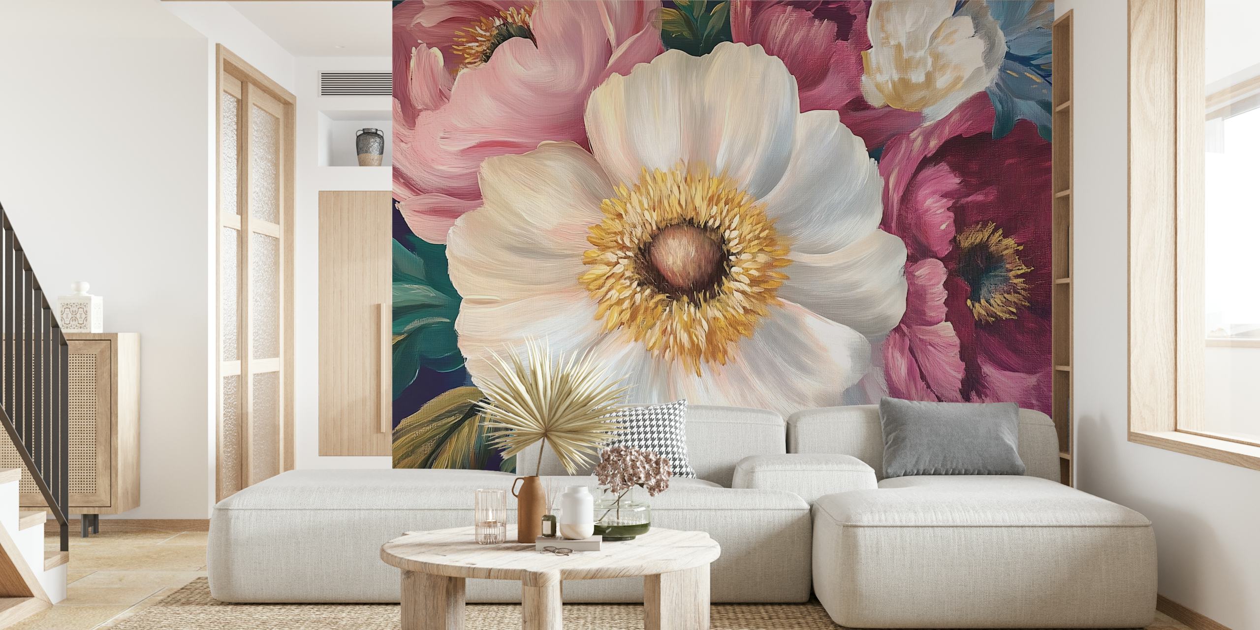 Large white and pink flowers with green leaves wallpaper