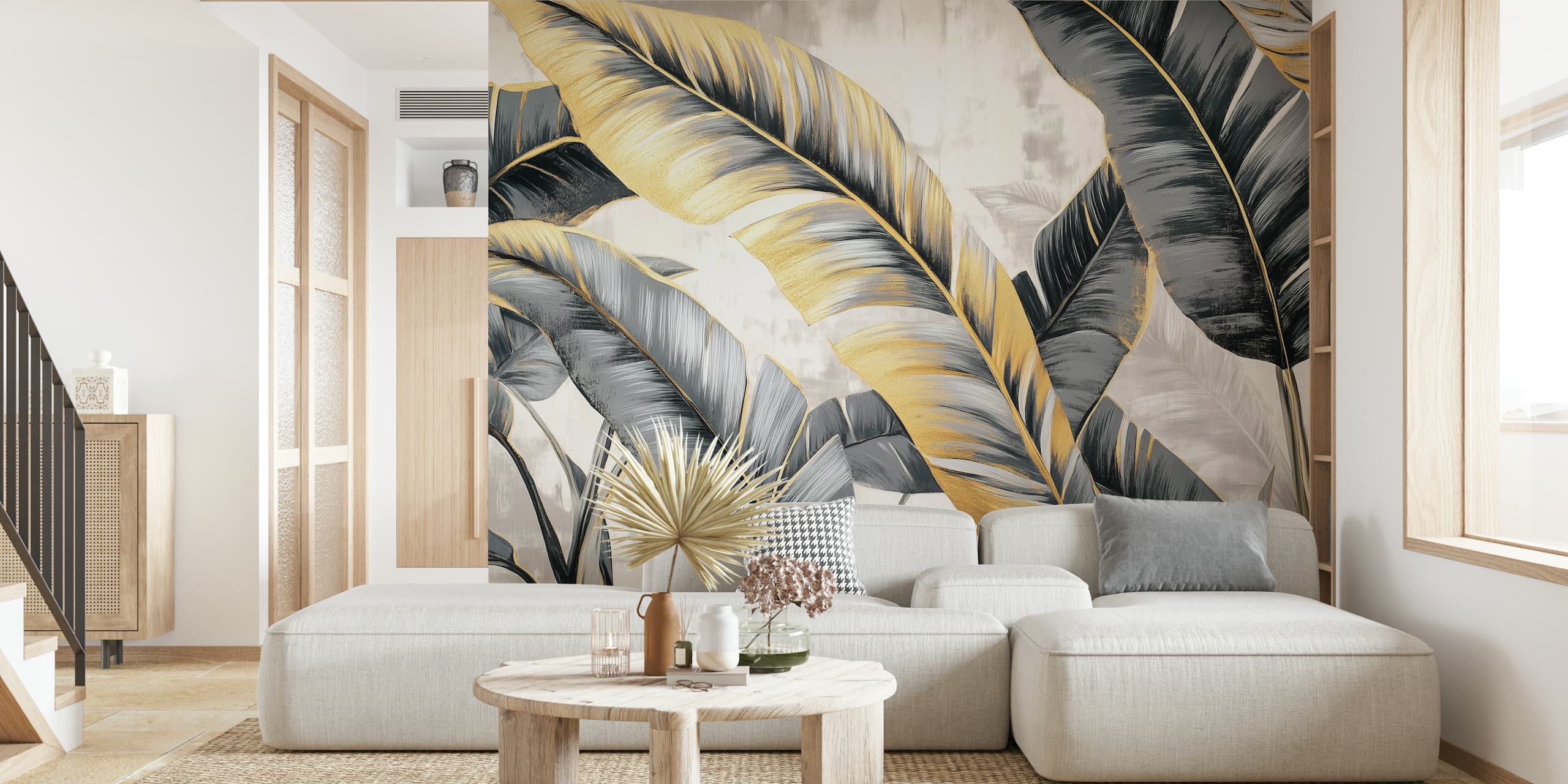 Tapeta Golden Leaf Serenity v moderním obývacím pokoji