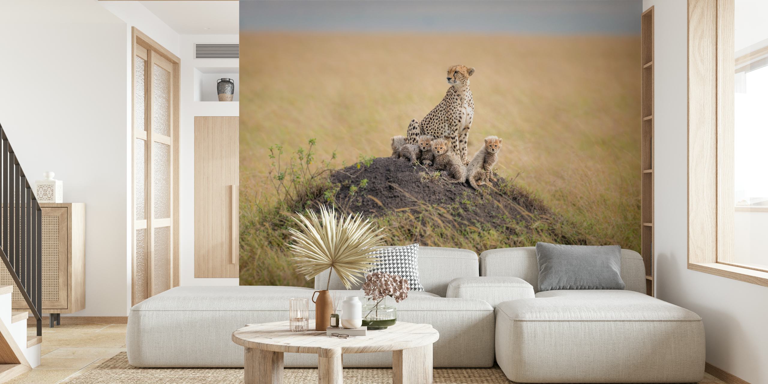 Cheetah with cubs on a mound in grassy landscape wallpaper