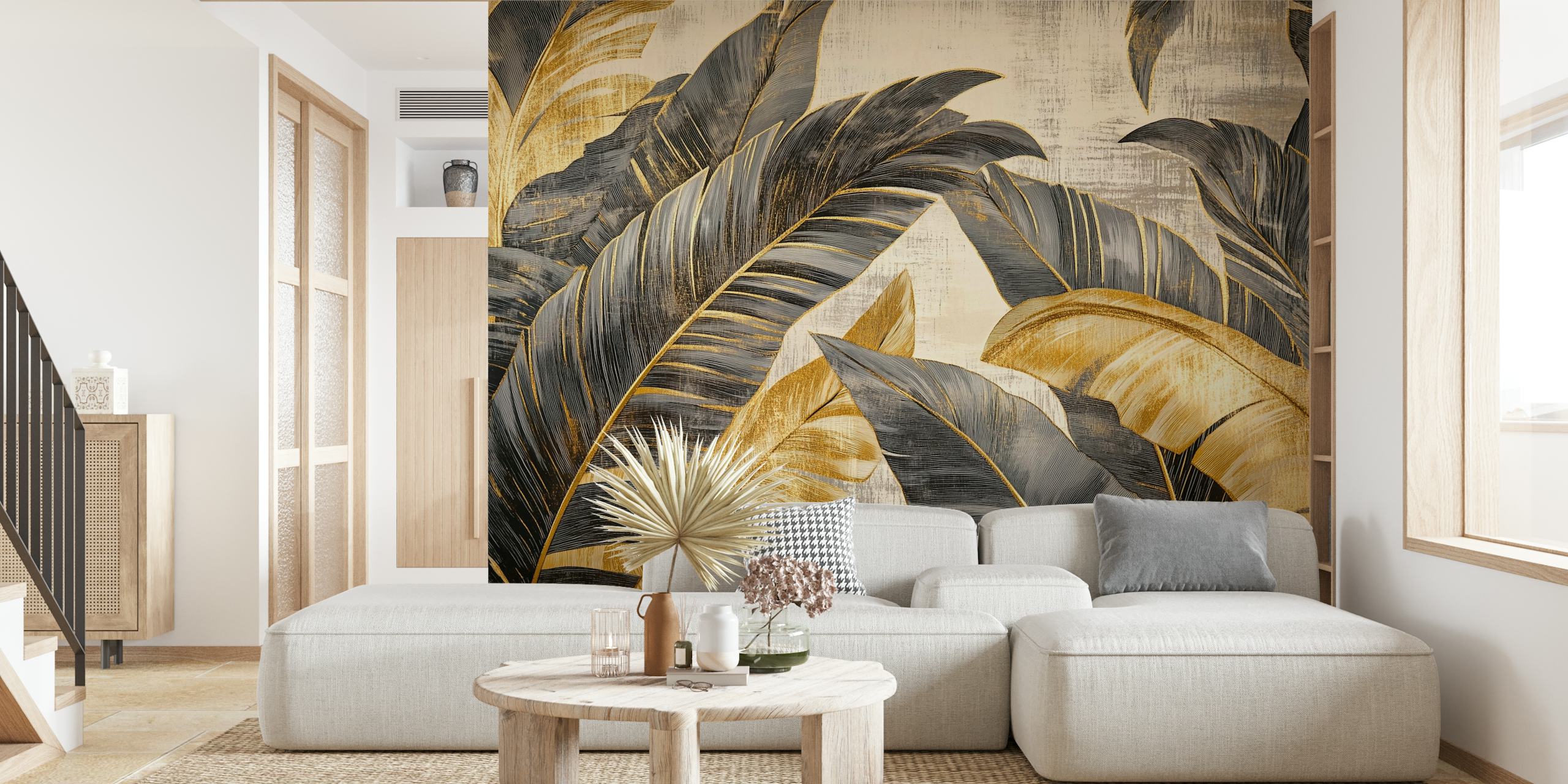 Tropical leaves in black and gold color scheme wallpaper