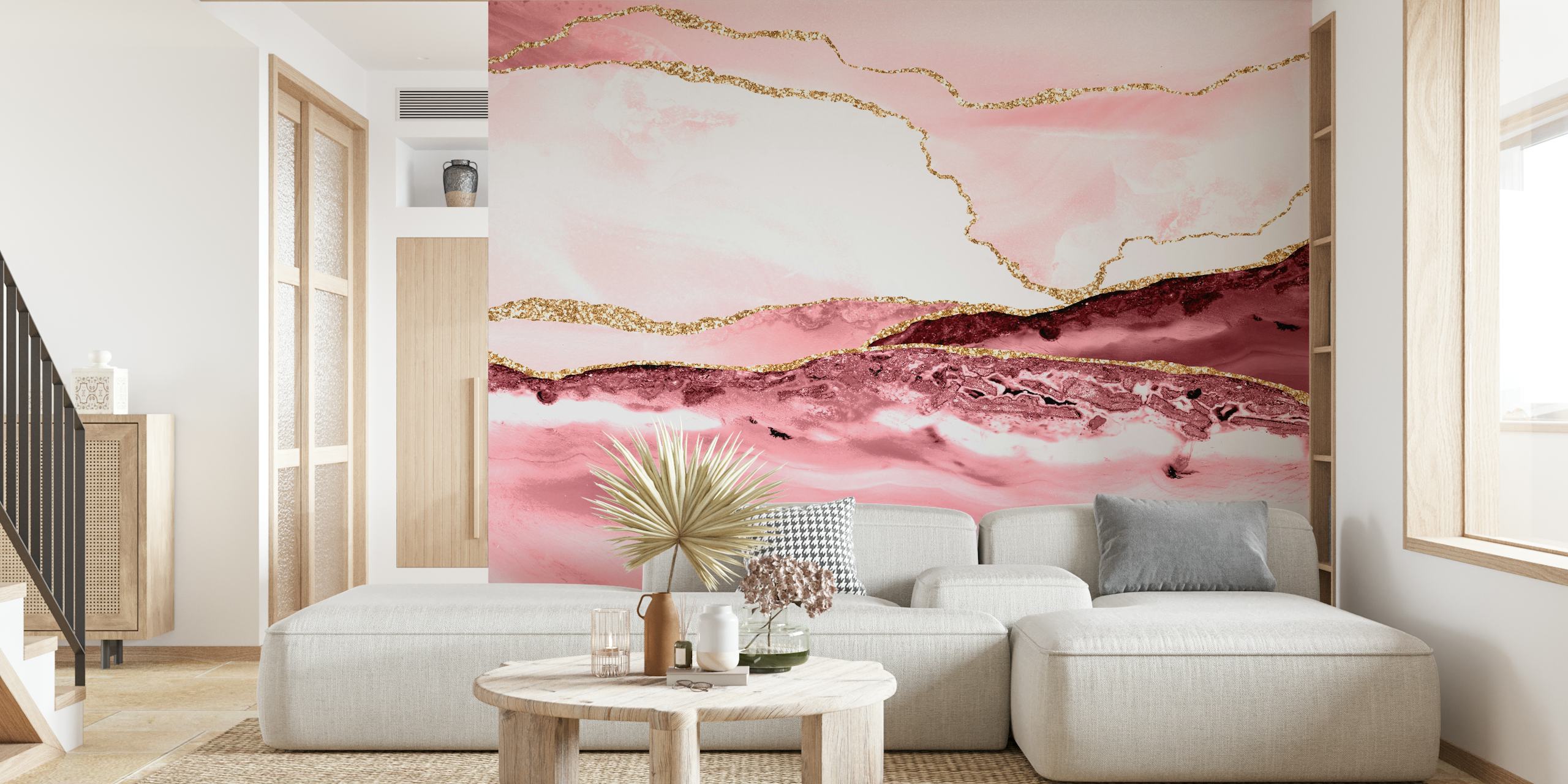 Pink marble waves with gold accents wallpaper