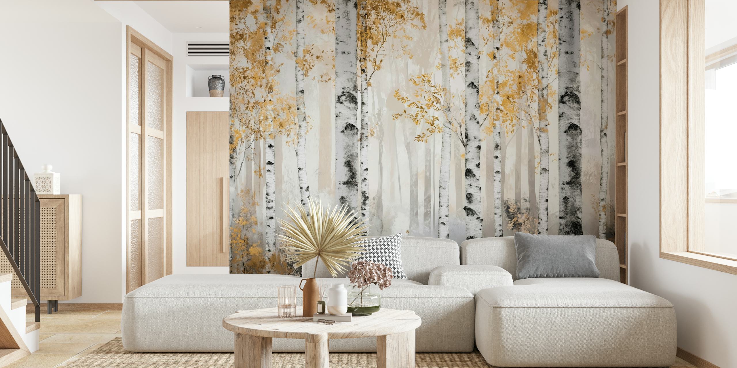 Birch trees with golden leaves in a misty forest wallpaper