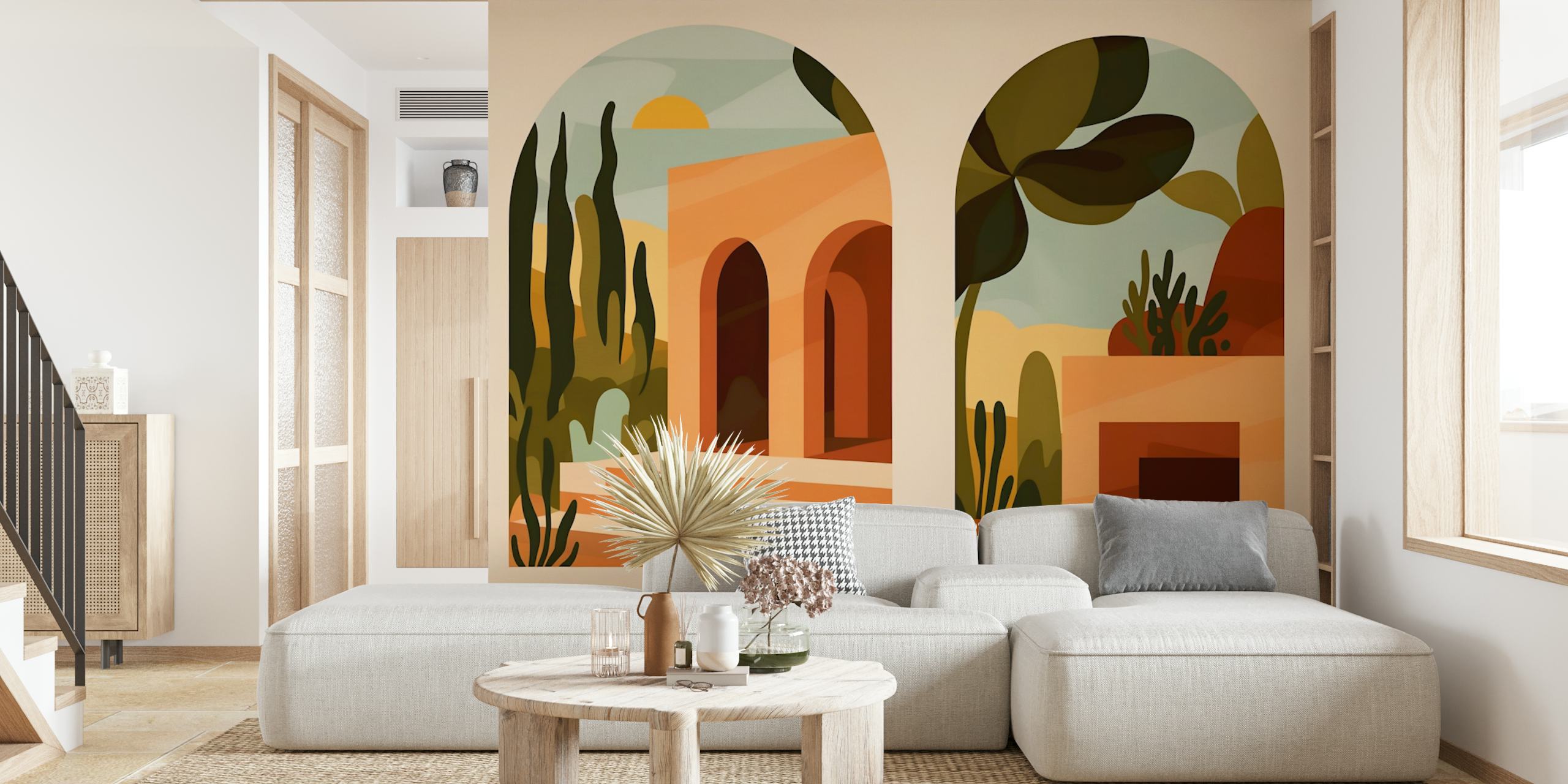 Architectural arches with earth tones and greenery wallpaper