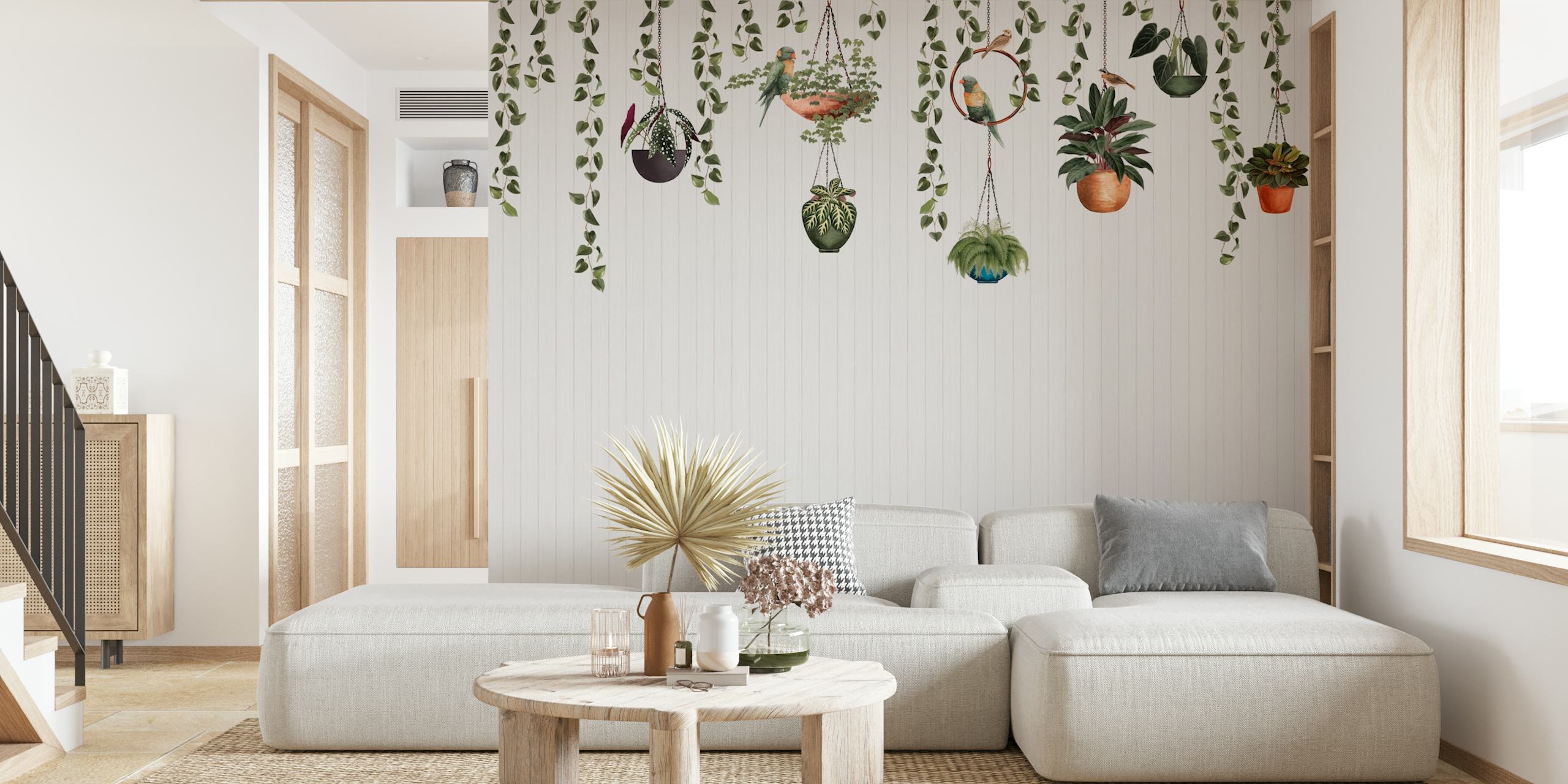 Wallpaper featuring lorikeets and hanging plants