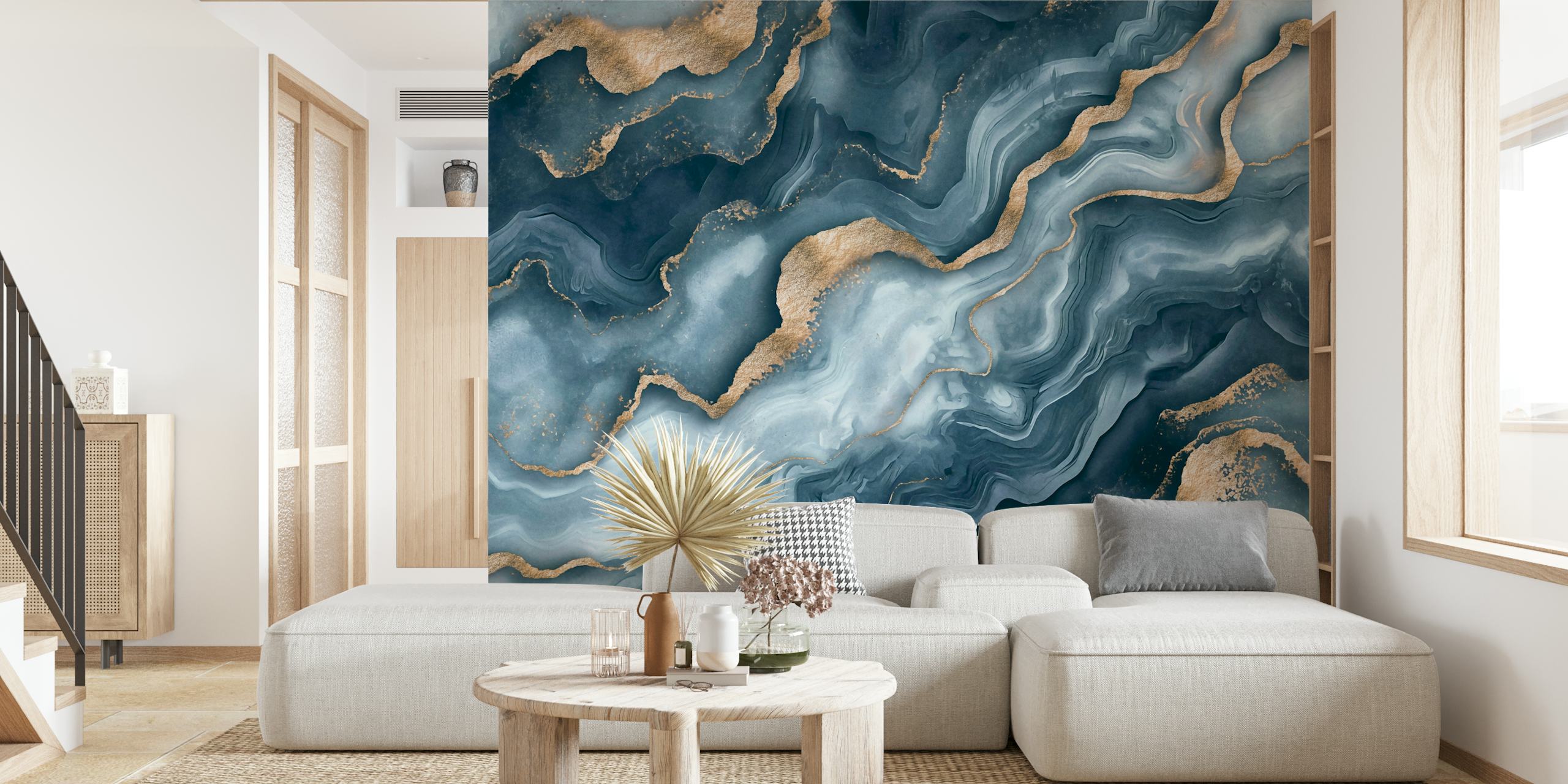 Blue and gold abstract marble waves wallpaper