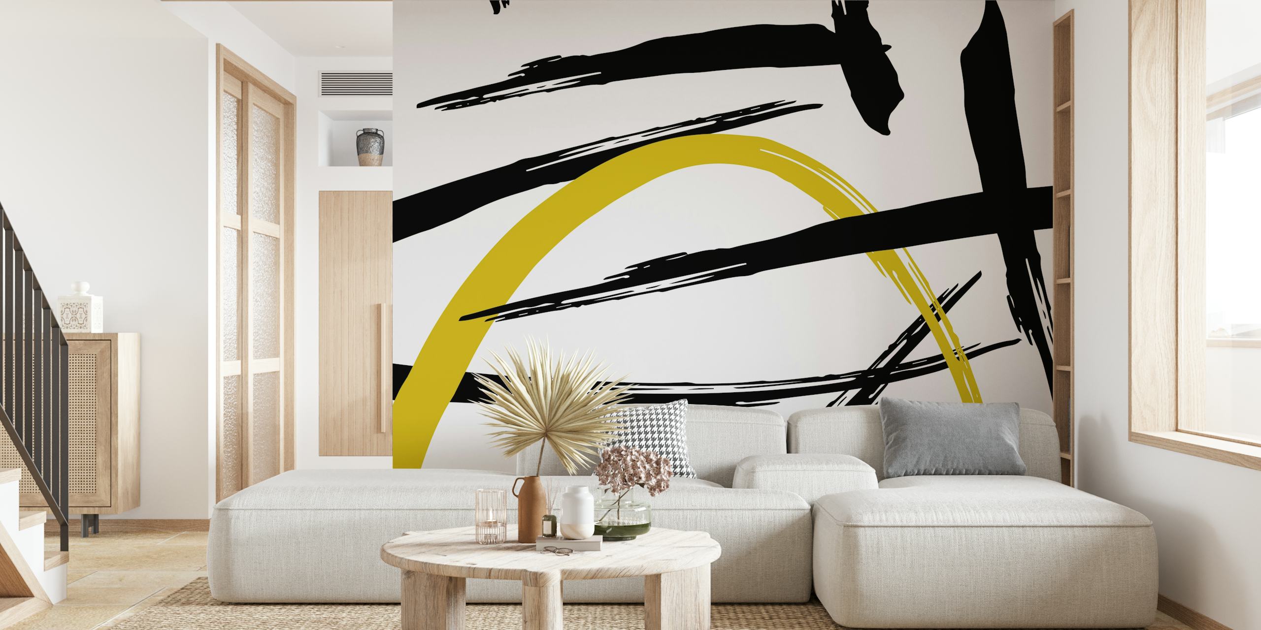 Abstract black and yellow strokes tapet i et rom