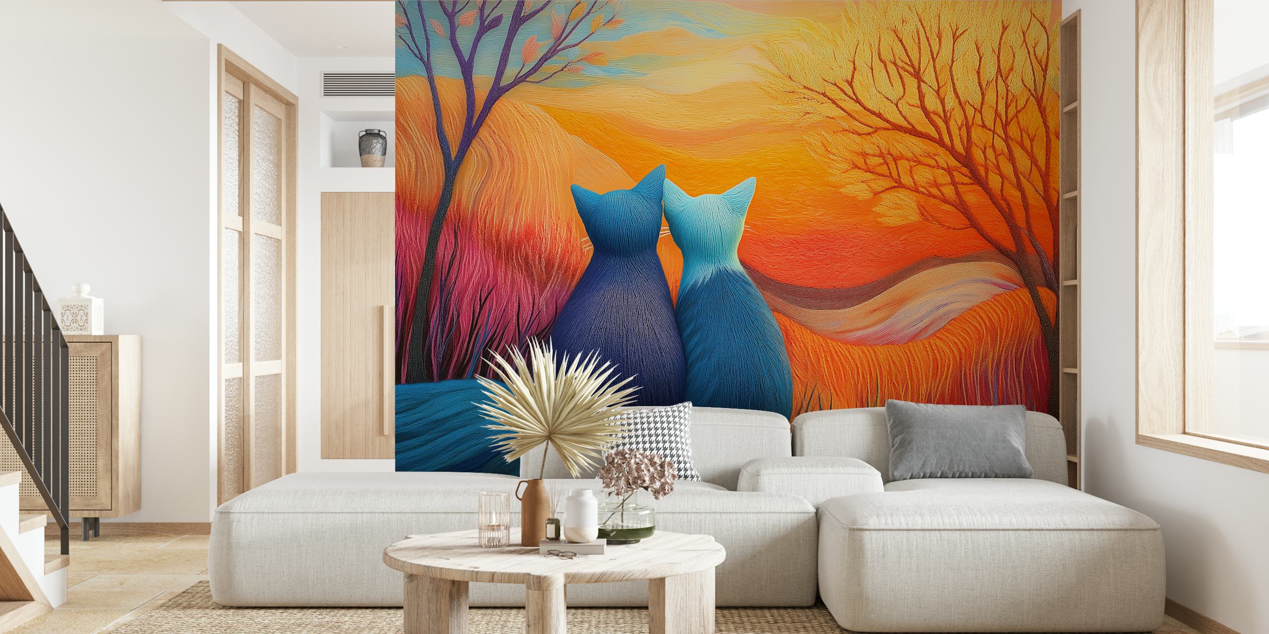 Sunset Cat Companions wallpaper in a room