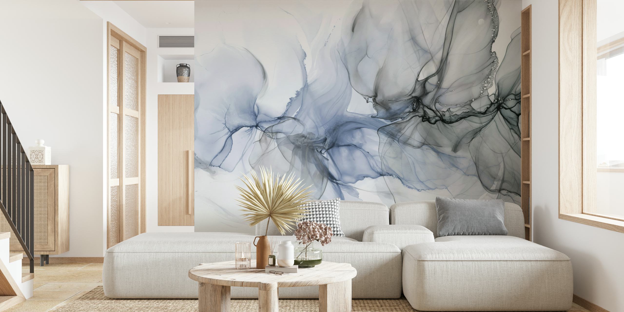 Calm Blue Grey Gentle Haze Swirl papel de parede em um quarto