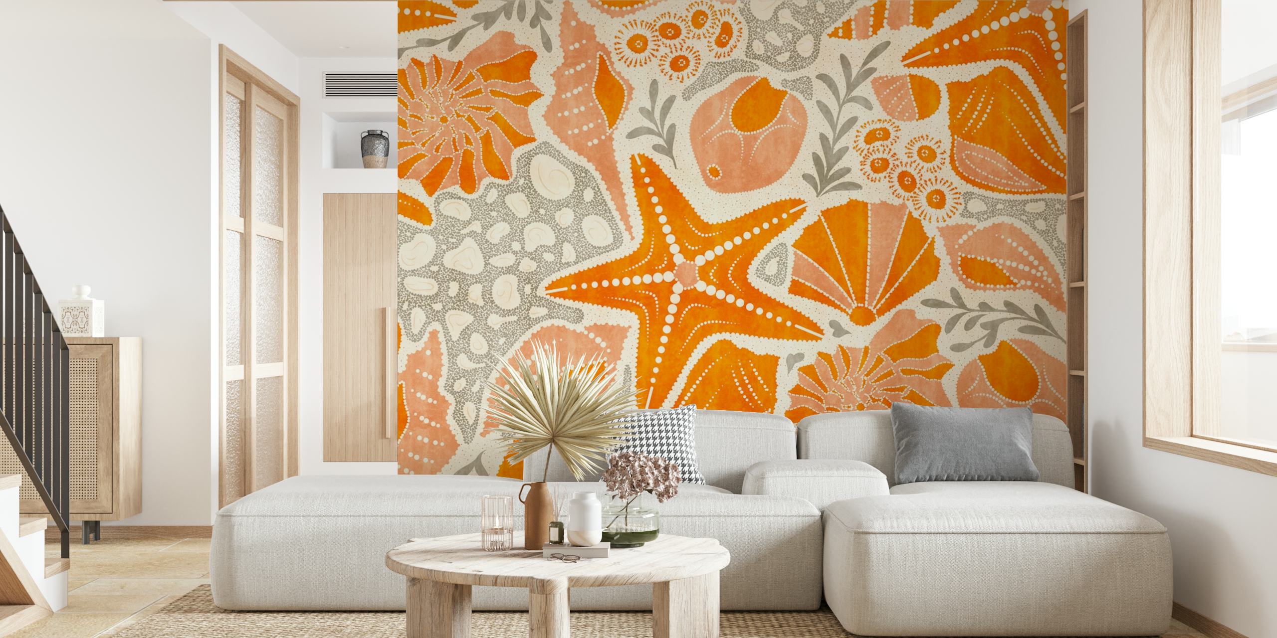 Floral patterns featuring orange shells and starfish wallpaper