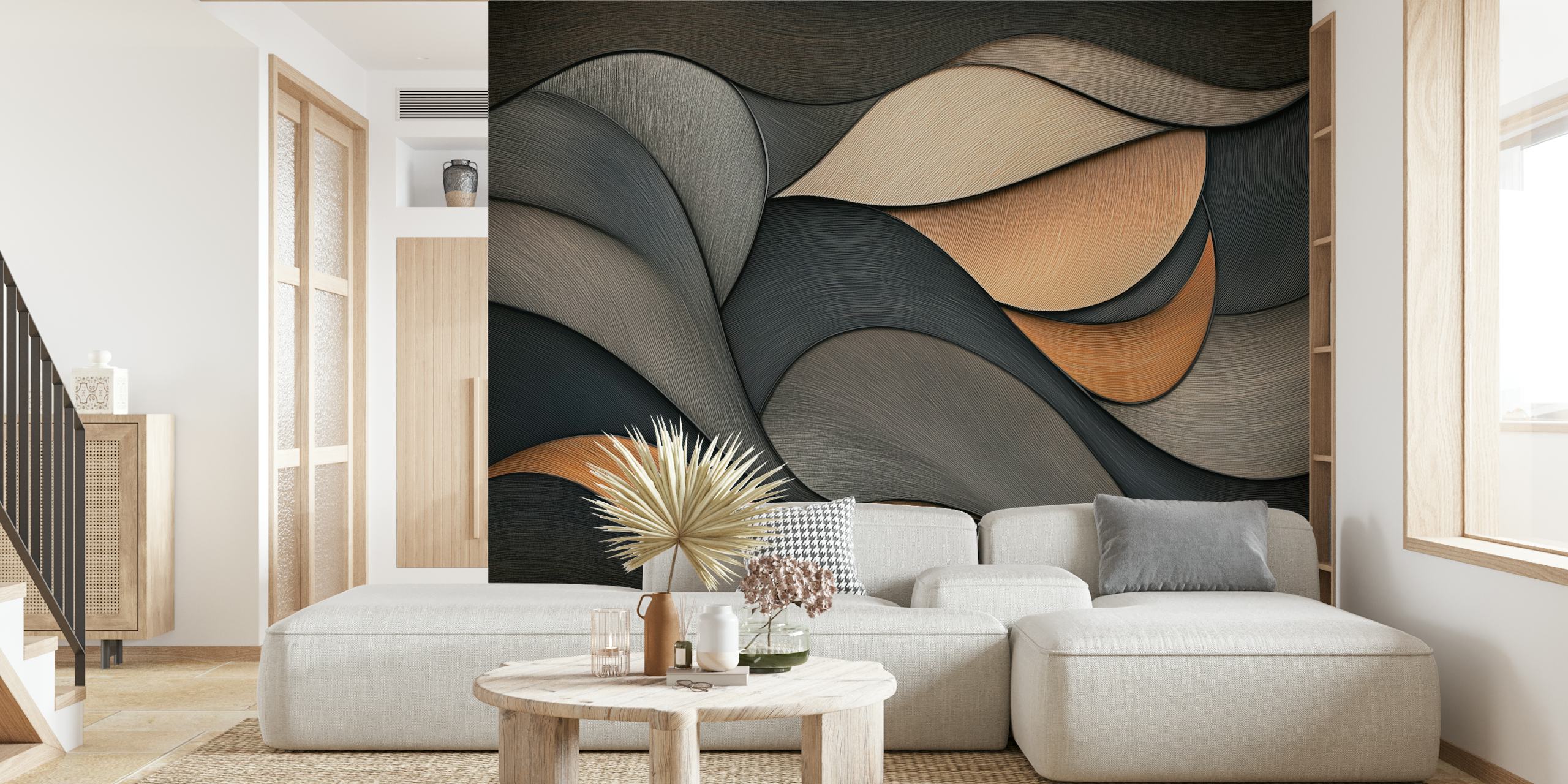 Curved layers in black, brown, and cream wallpaper