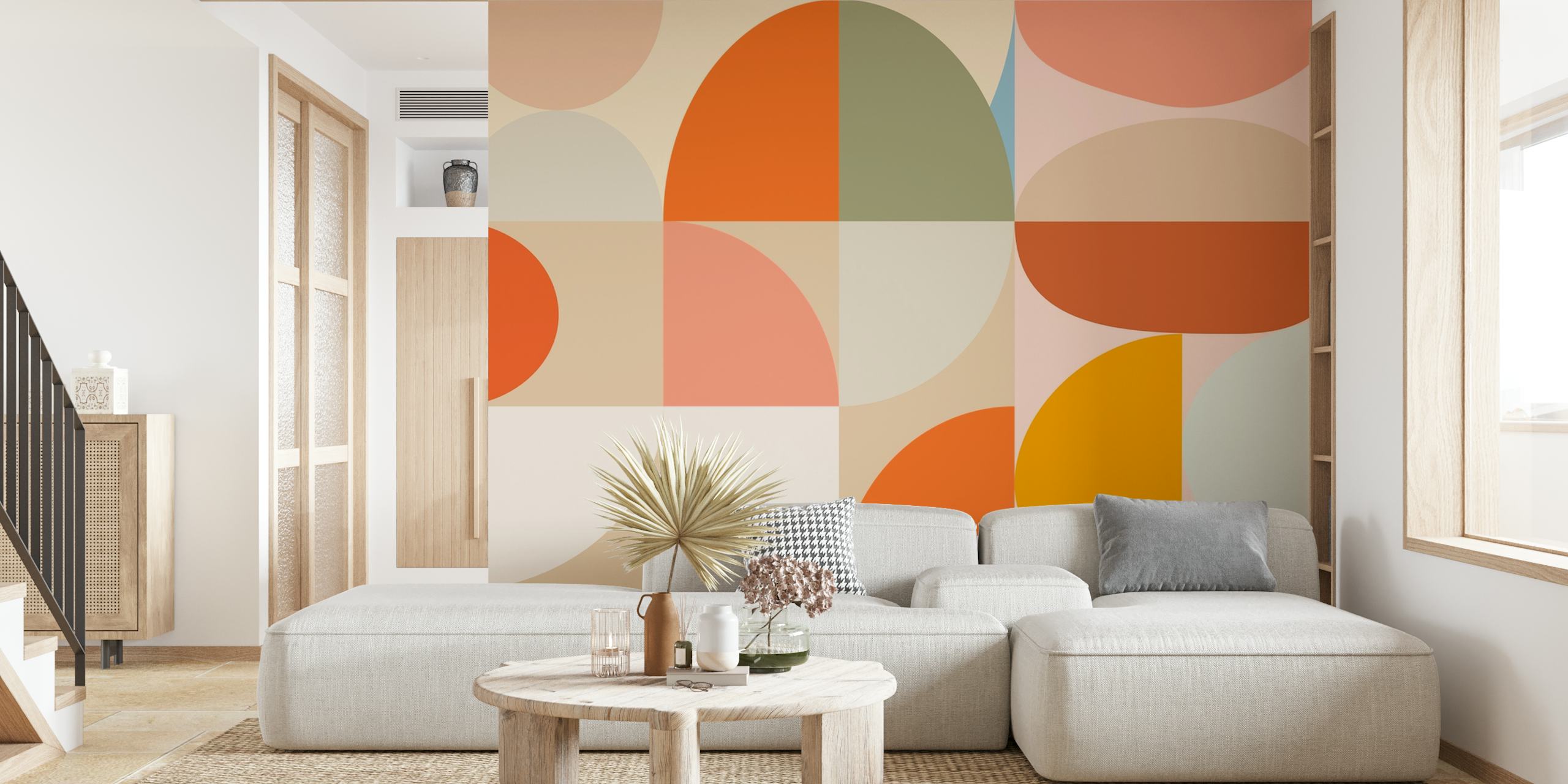 Geometric pastel shapes in orange, pink, and green wallpaper