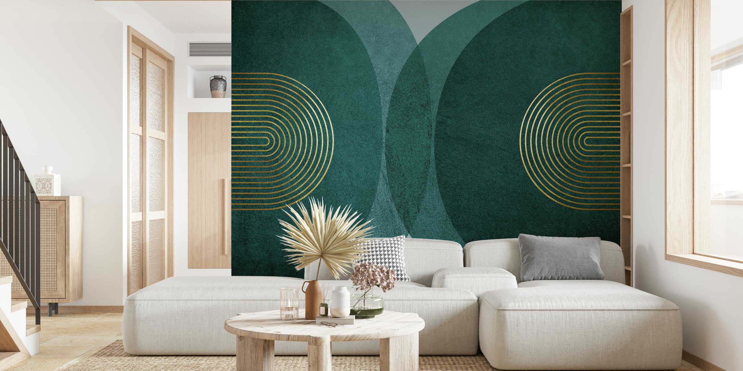 Teal geometric pattern with golden lines wallpaper