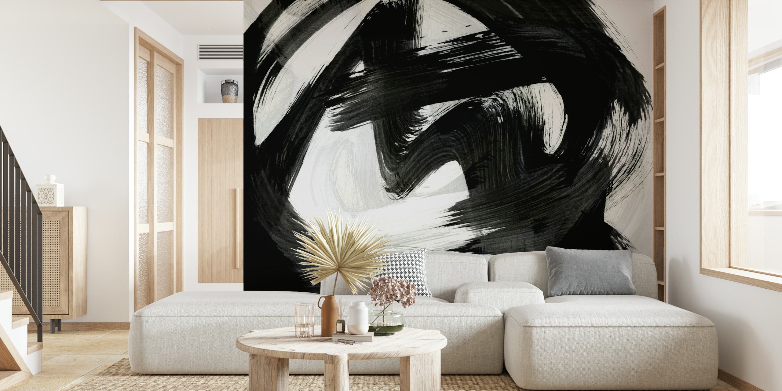 Black and white brushstrokes wallpaper in a room
