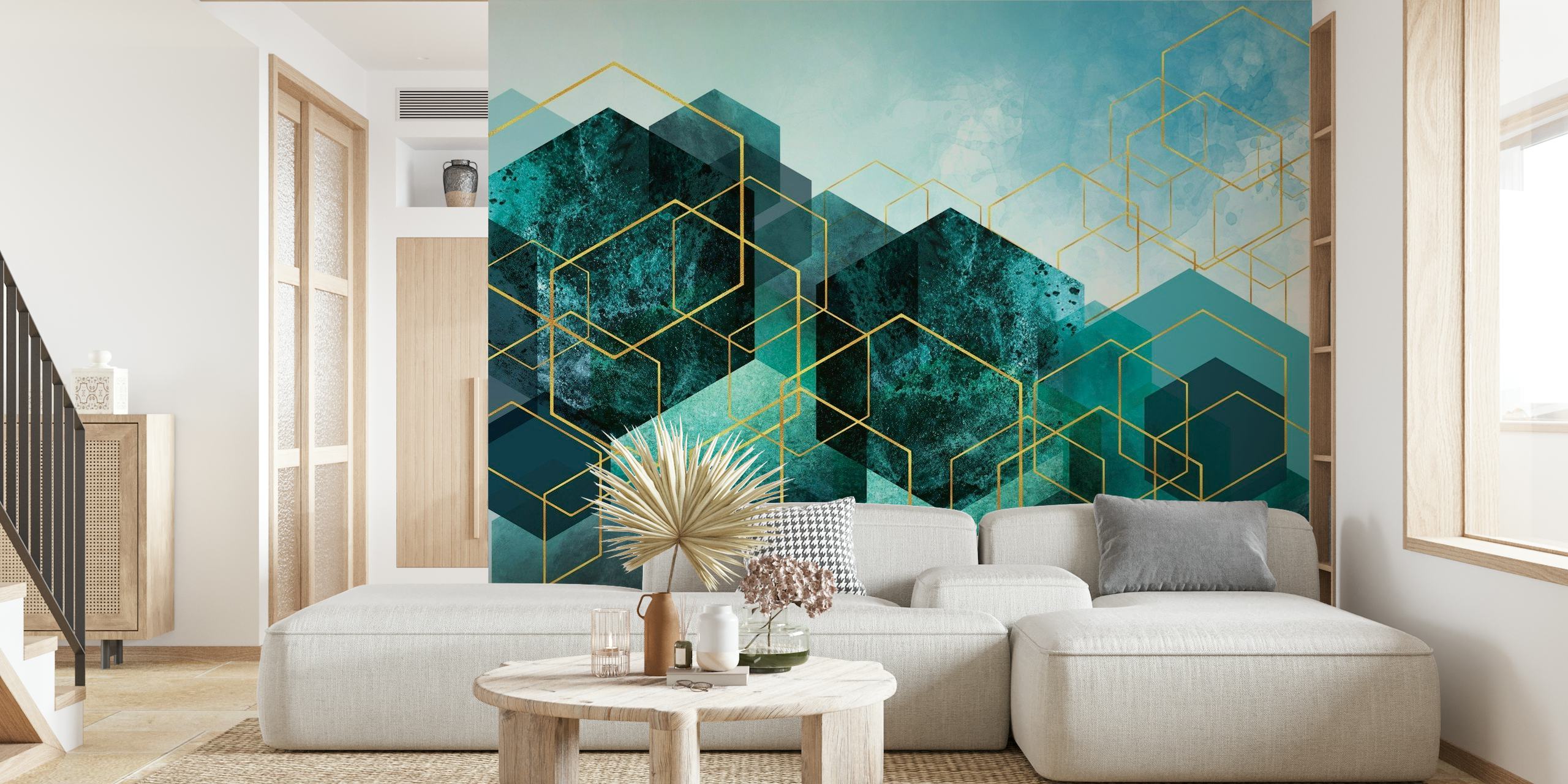 Apstraktni plavozeleni i zlatni geometrijski pejzažni zidni mural