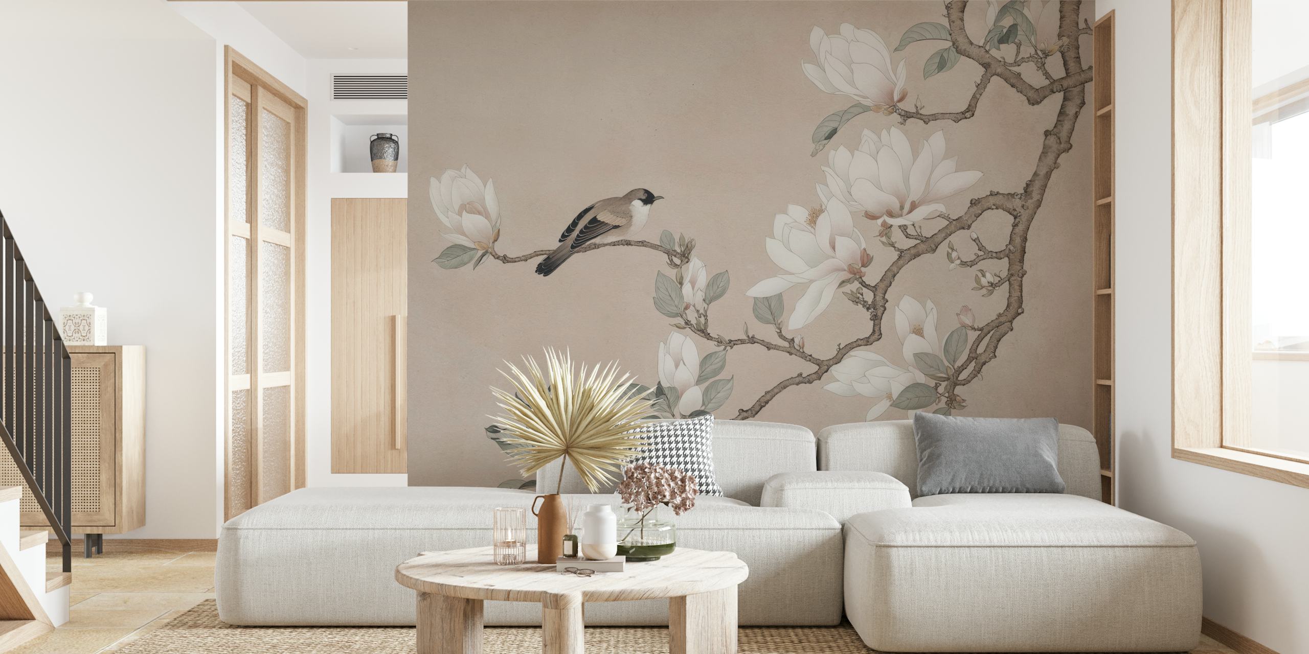 Magnolia flowers and a bird on branches, soft colors wallpaper