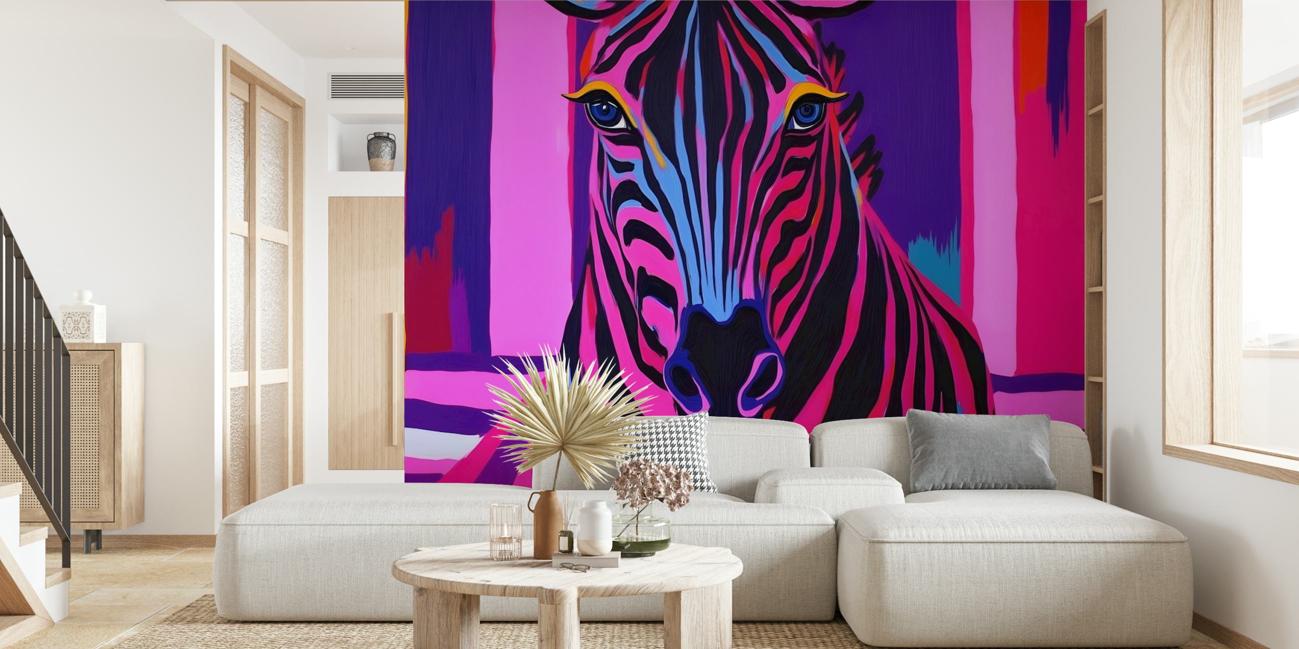 Vibrant zebra in pink and blue stripes artwork wallpaper