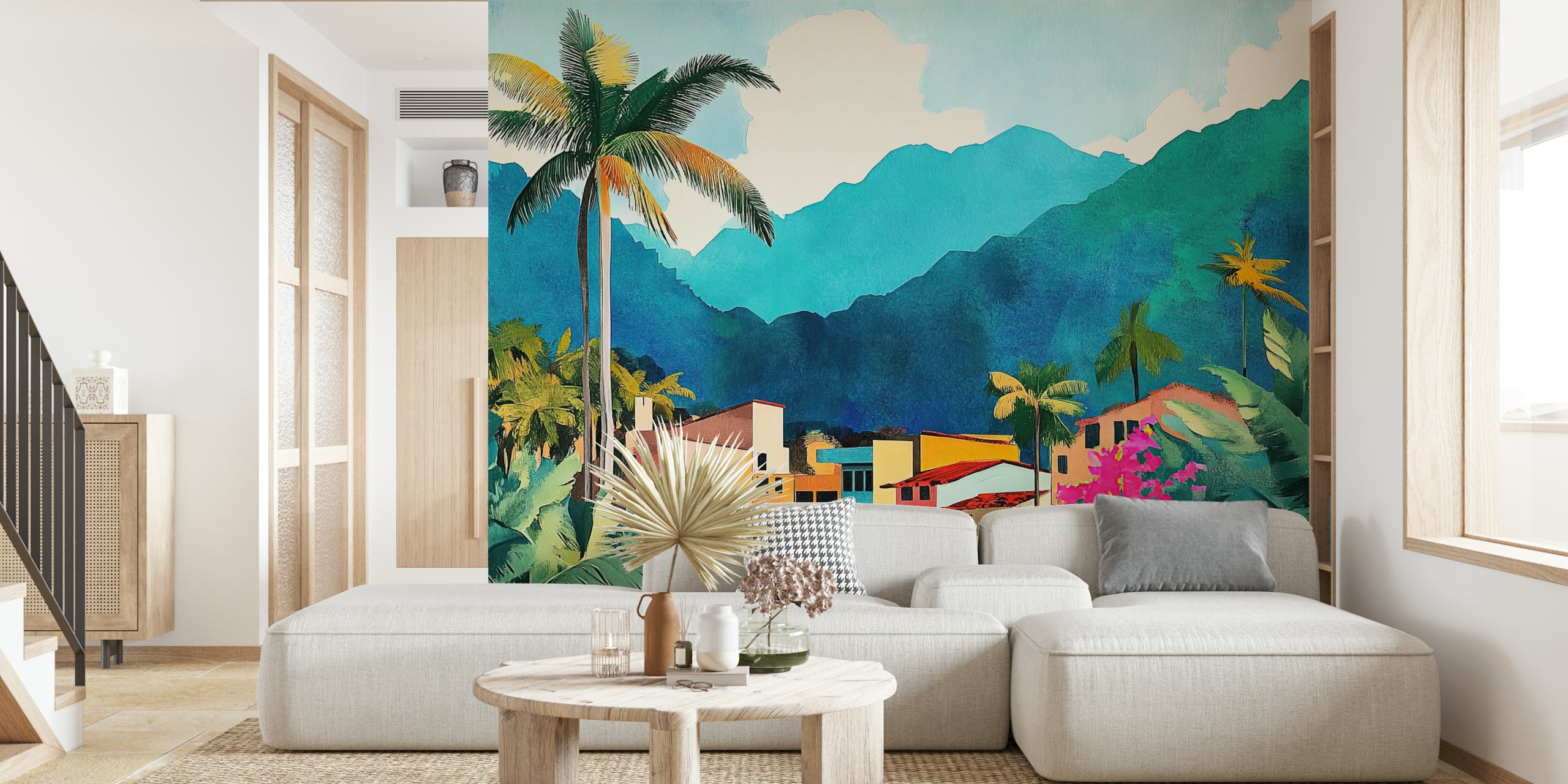 Tropical village scene with colorful buildings and mountains wallpaper