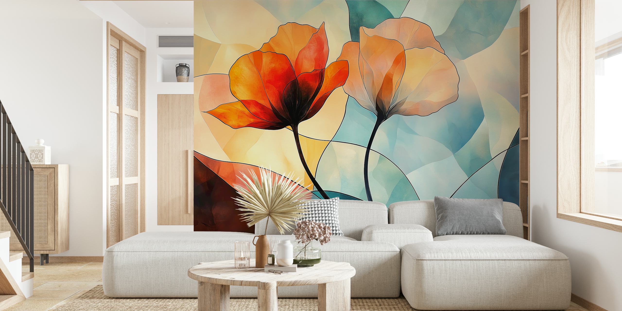 Colorful abstract floral design in orange and white wallpaper