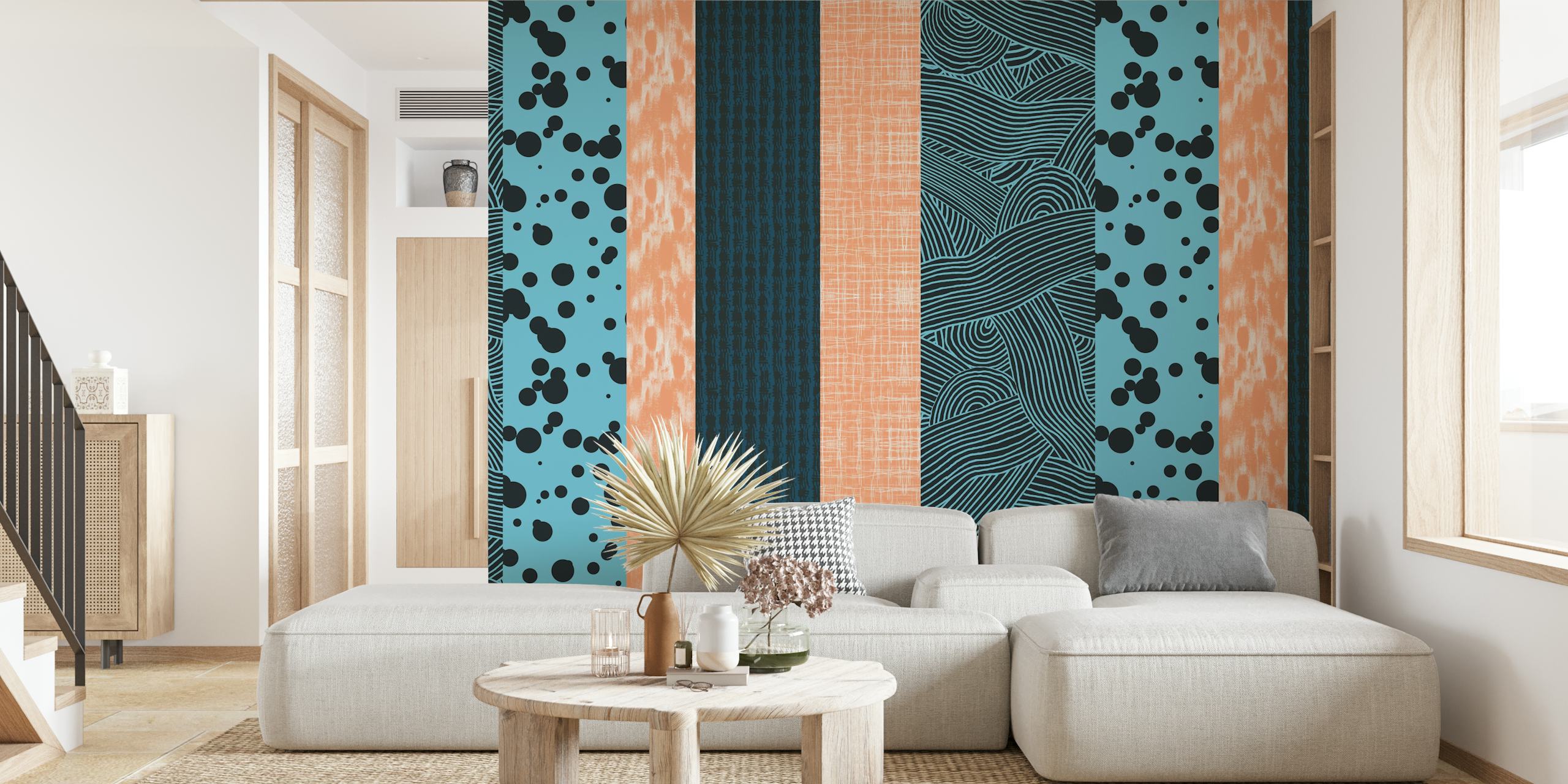 Colorful geometric stripes in blue, black, and peach wallpaper