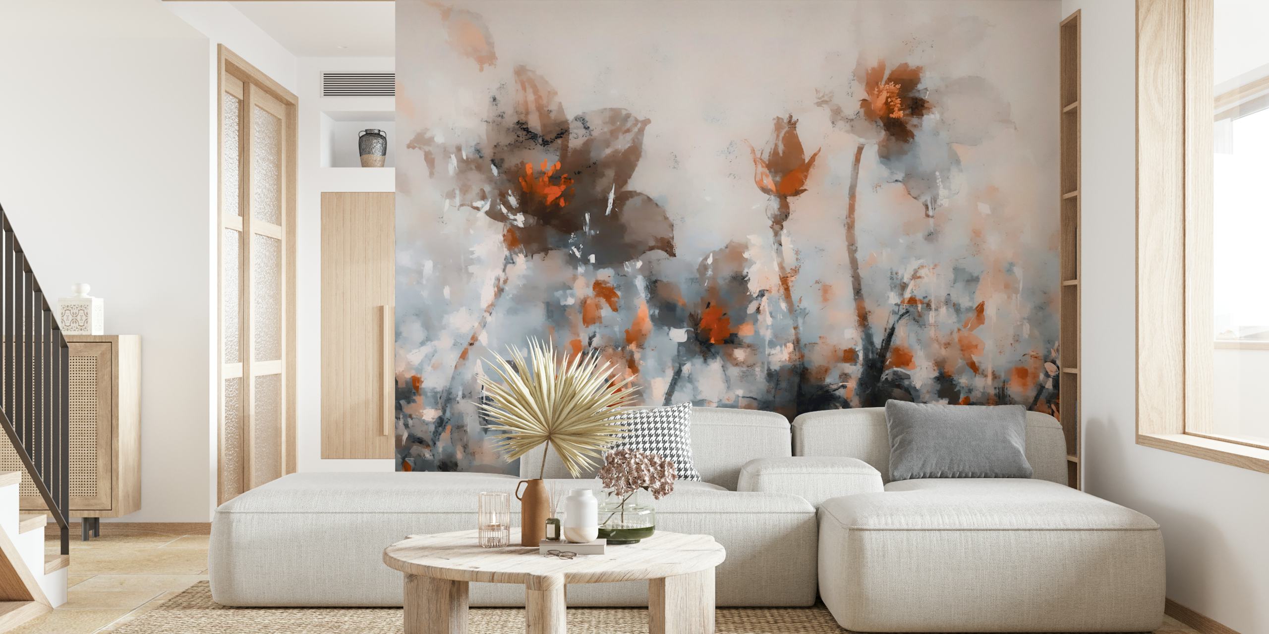 Abstract floral pattern in soft peach, gray, and white tones wallpaper