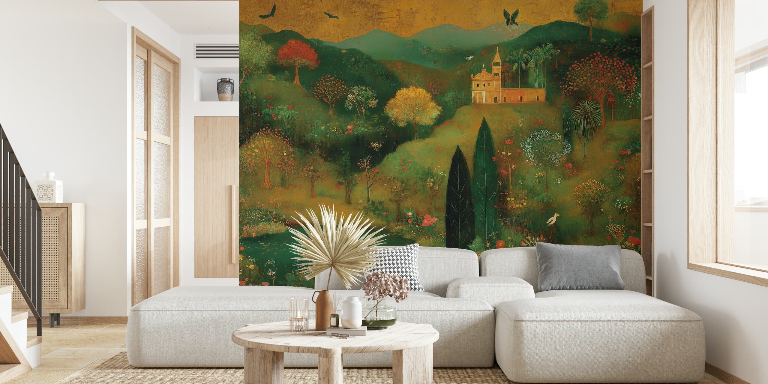 Serene countryside wallpaper in a room