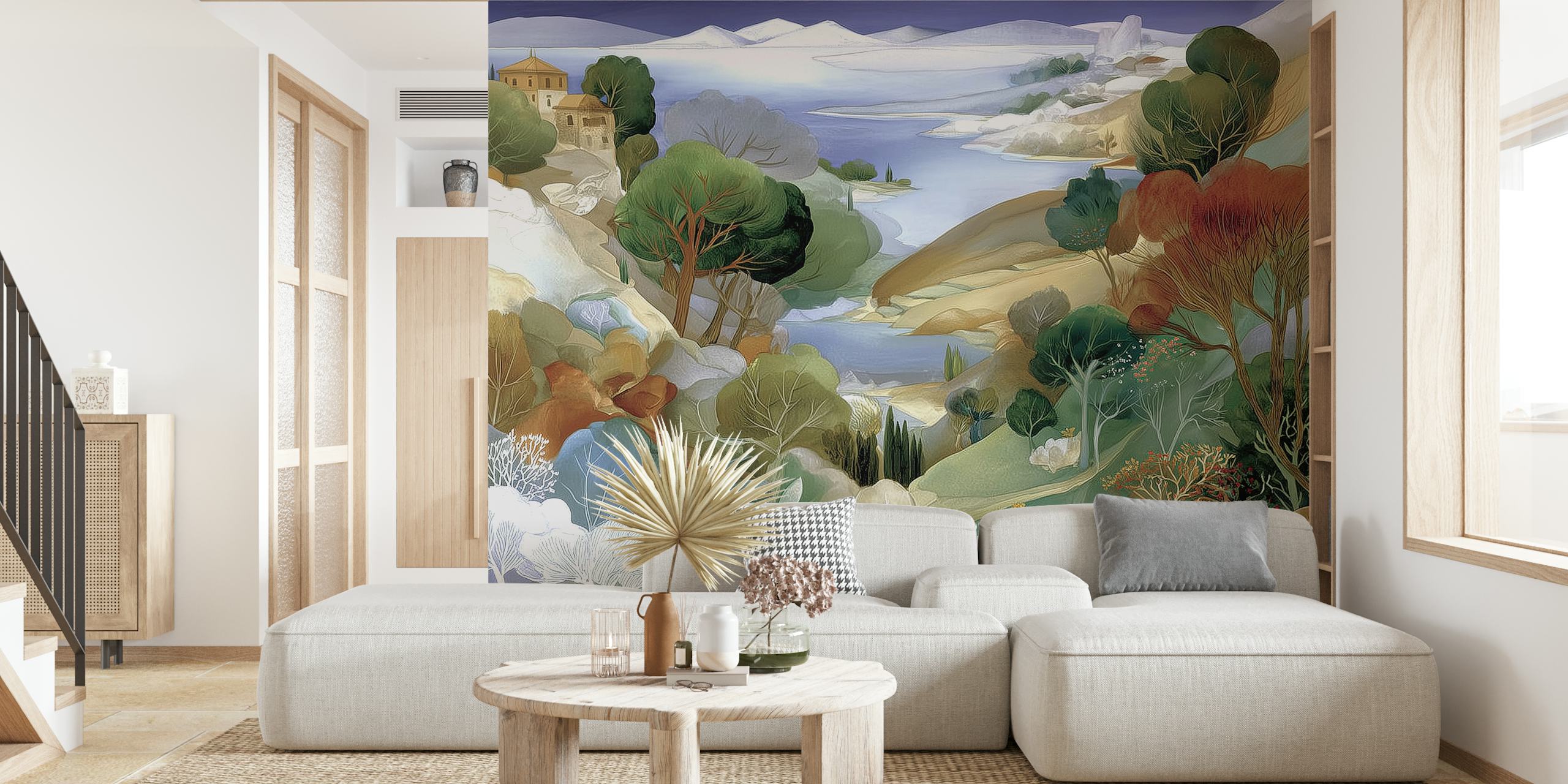 Tranquil mountain lake wallpaper in a room