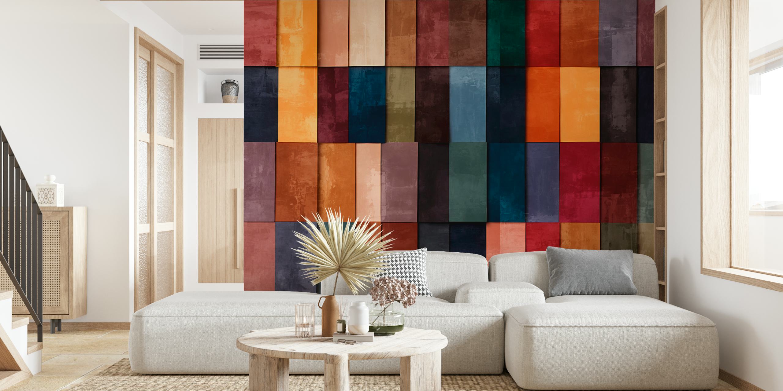 Diseño de papel tapiz Rustic Colorful Grid en una habitación
