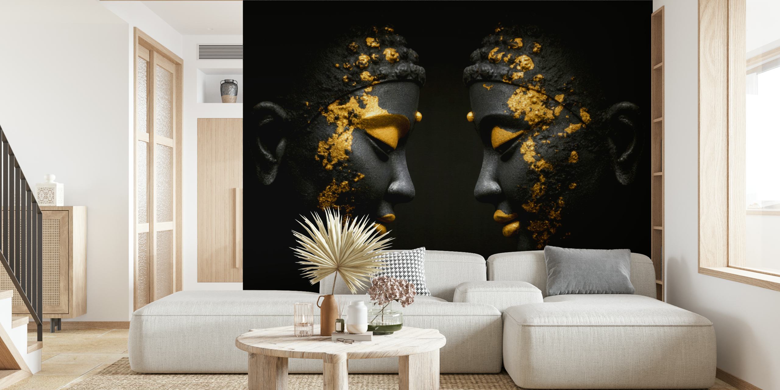 Golden Serenity Faces wallpaper in a room